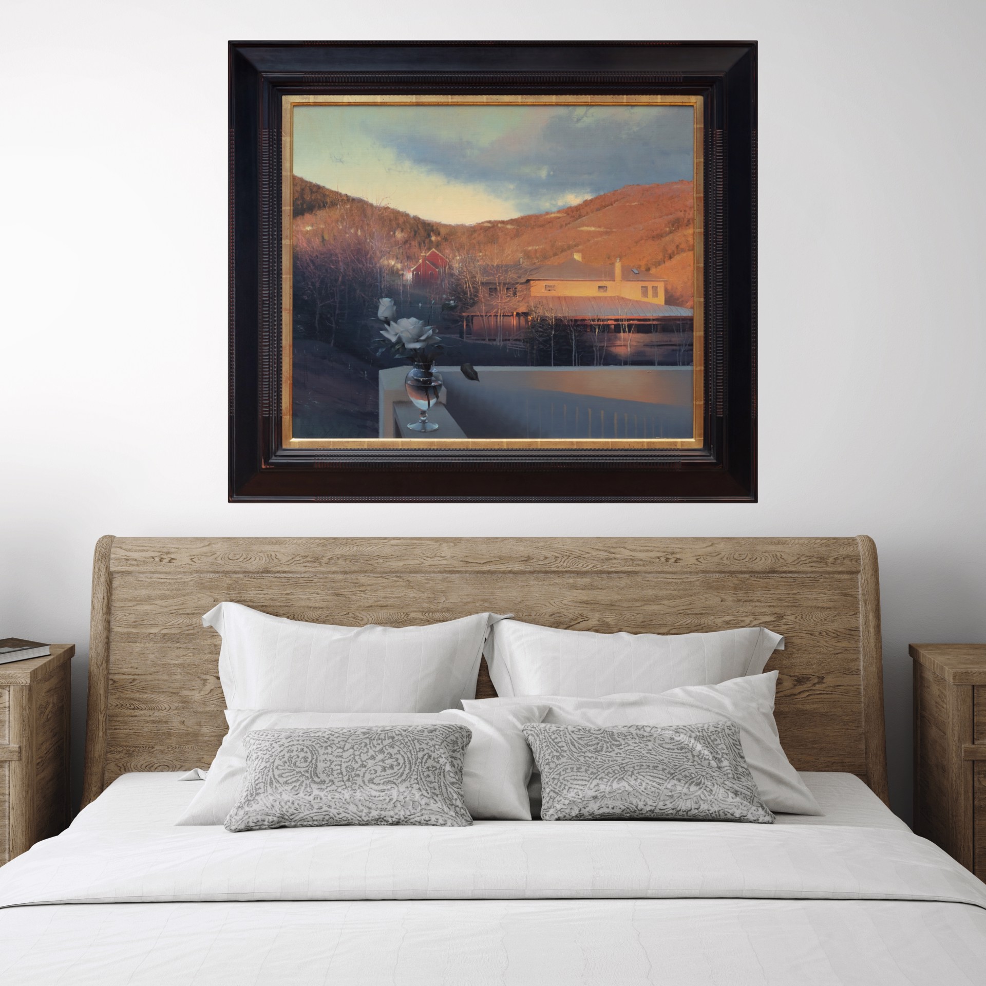 A serene landscape painting featuring a balcony with white roses overlooking a lakeside house at sunset.