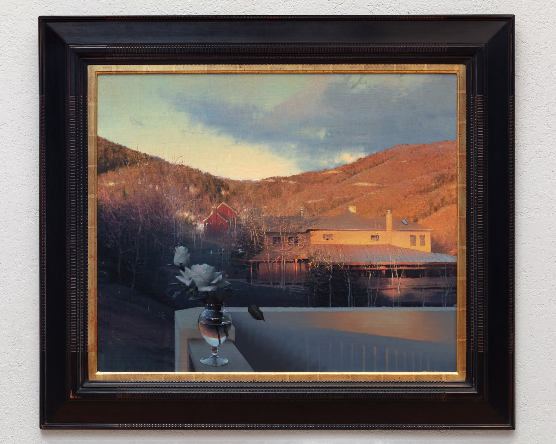 A serene landscape painting featuring a balcony with white roses overlooking a lakeside house at sunset.