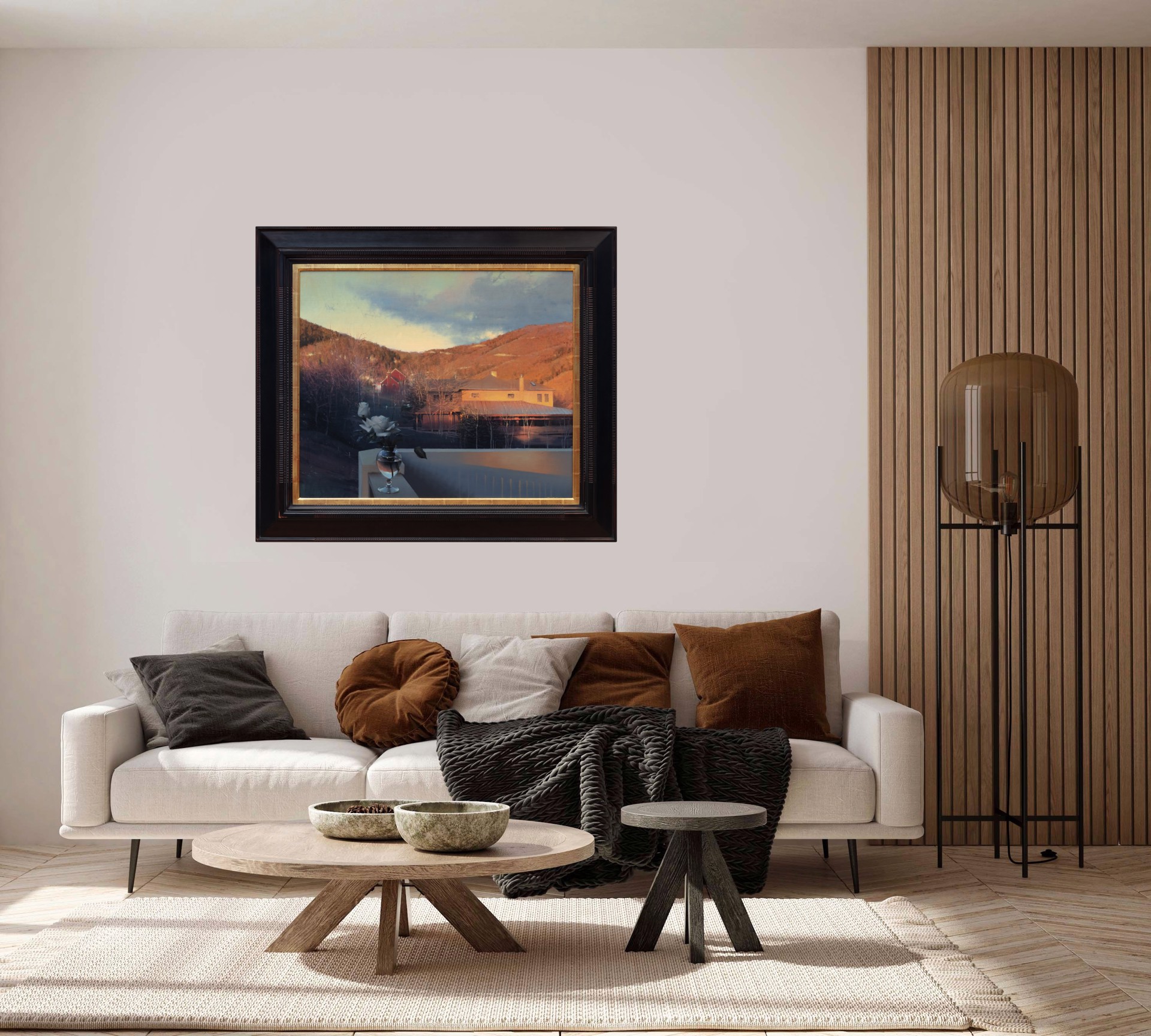 A serene landscape painting featuring a balcony with white roses overlooking a lakeside house at sunset.