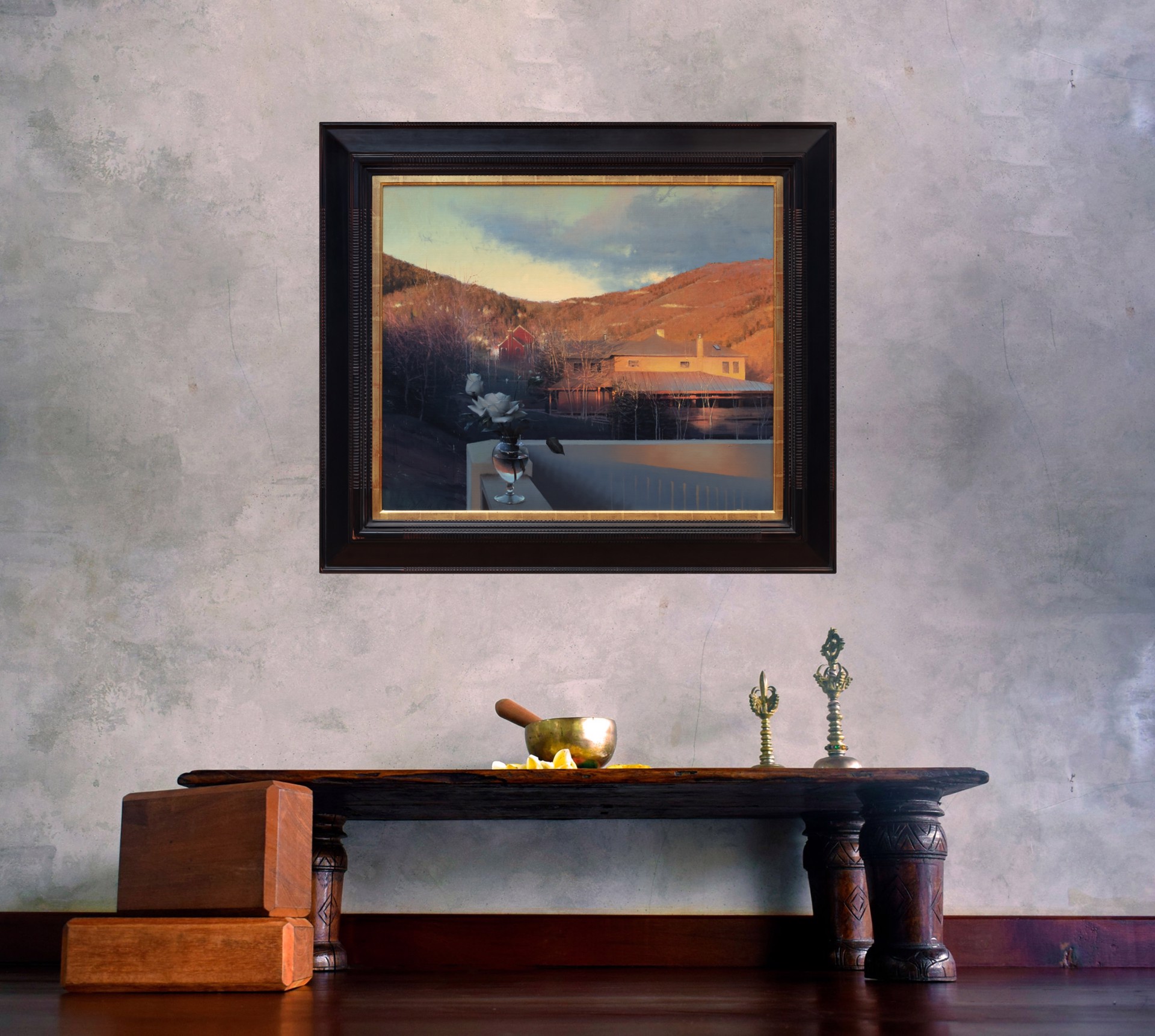 A serene landscape painting featuring a balcony with white roses overlooking a lakeside house at sunset.