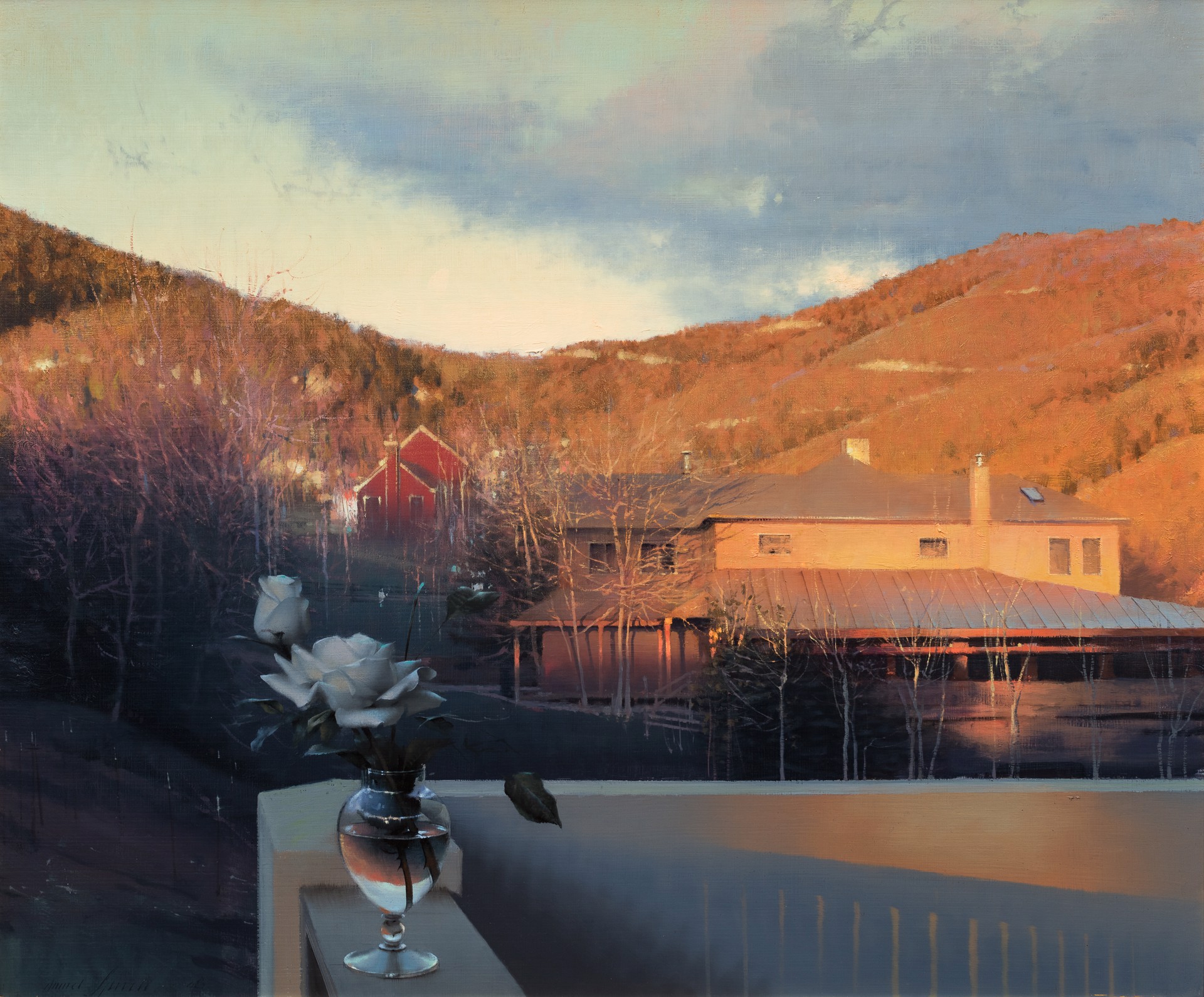 A serene landscape painting featuring a balcony with white roses overlooking a lakeside house at sunset.
