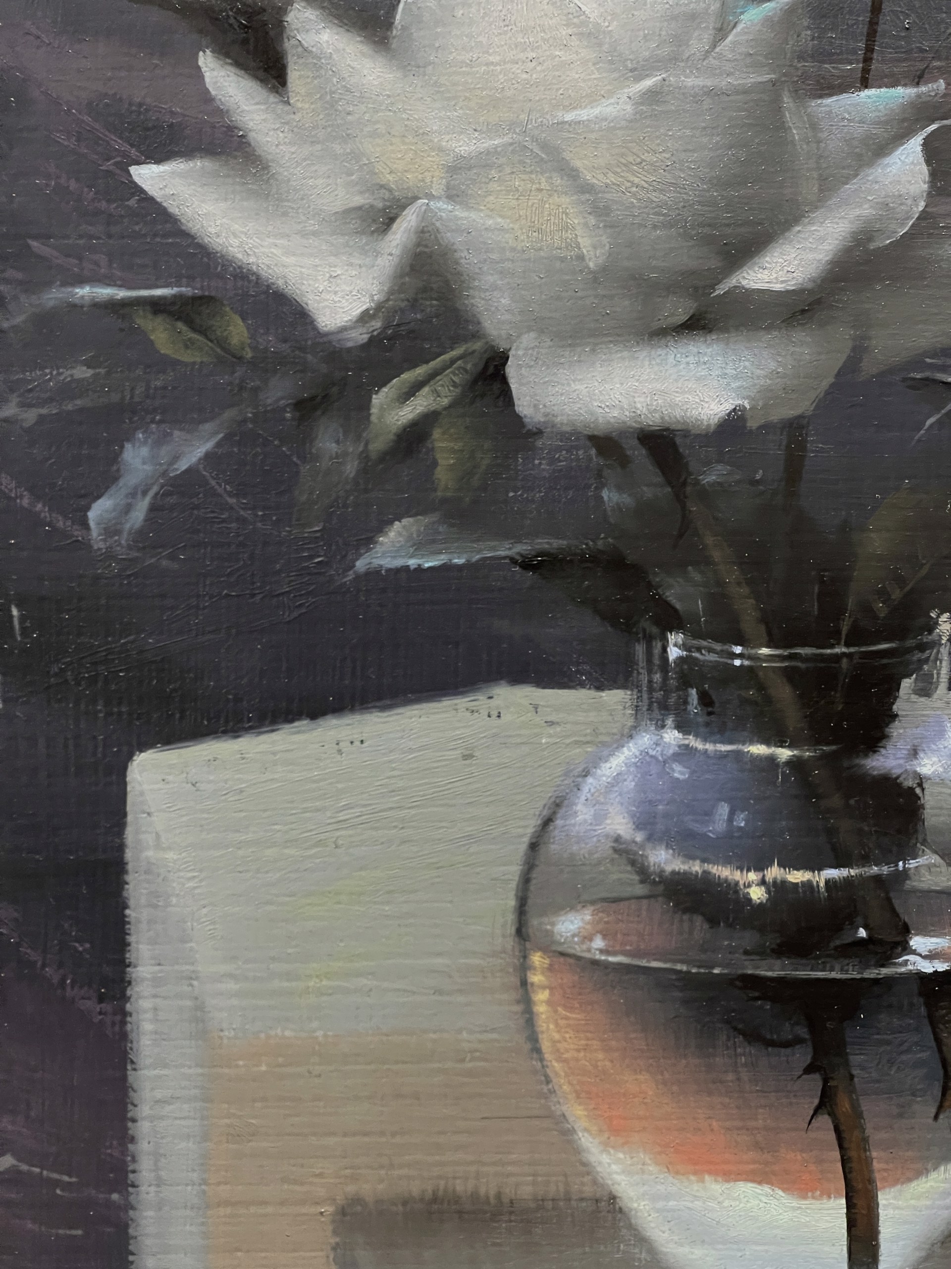 A serene landscape painting featuring a balcony with white roses overlooking a lakeside house at sunset.