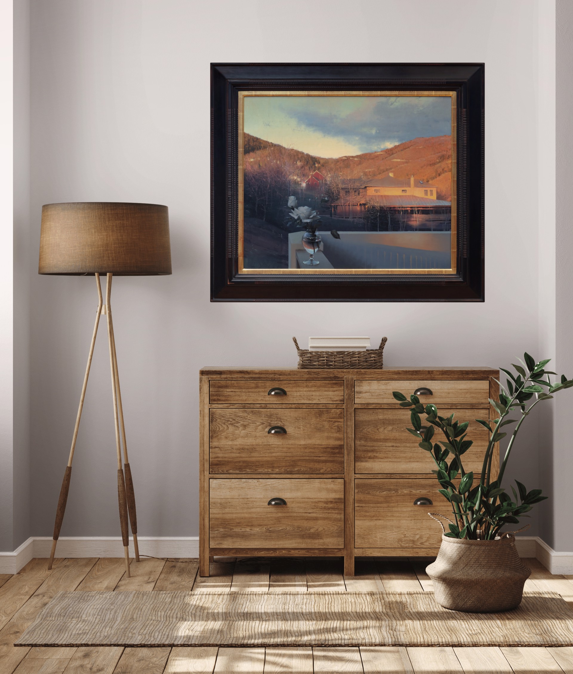 A serene landscape painting featuring a balcony with white roses overlooking a lakeside house at sunset.