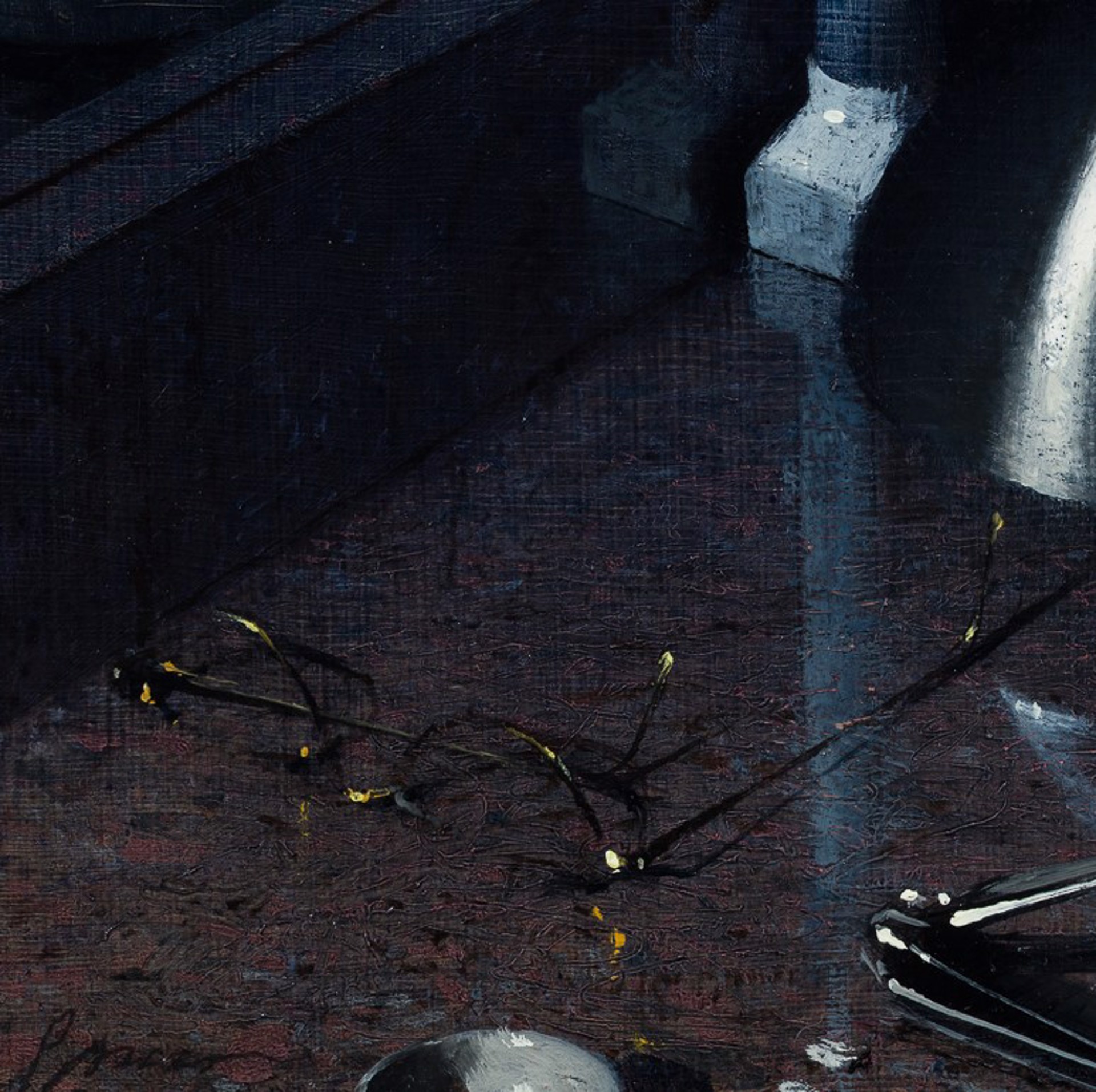 A dark, moody still life featuring metallic funnels and paint tubes on a reflective surface.