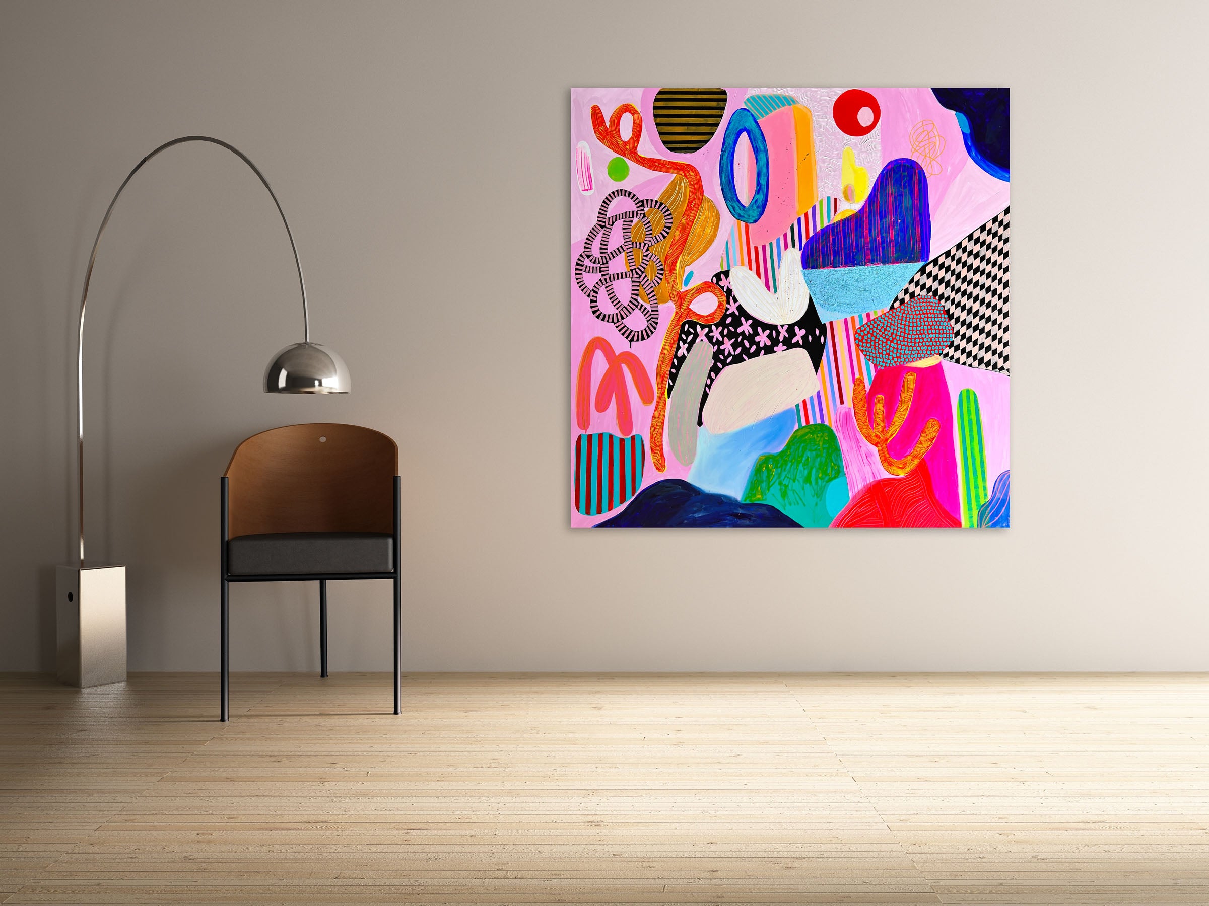 A painting of a colorful abstract painting on a pink background.