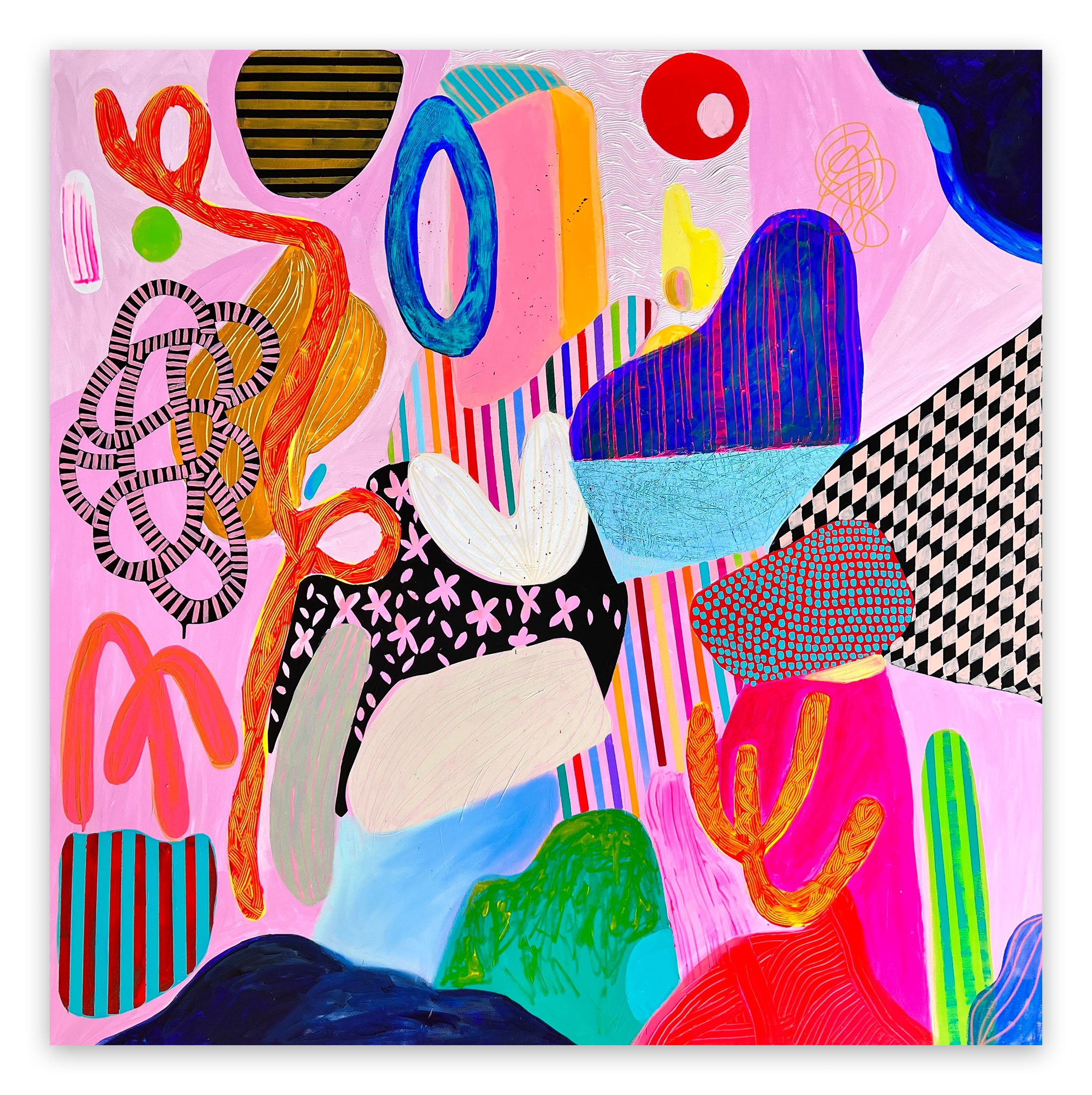 A painting of a colorful abstract painting on a pink background.
