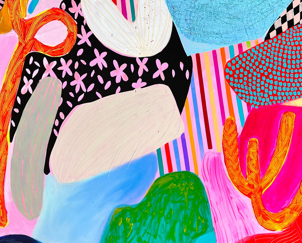A painting of a colorful abstract painting on a pink background.