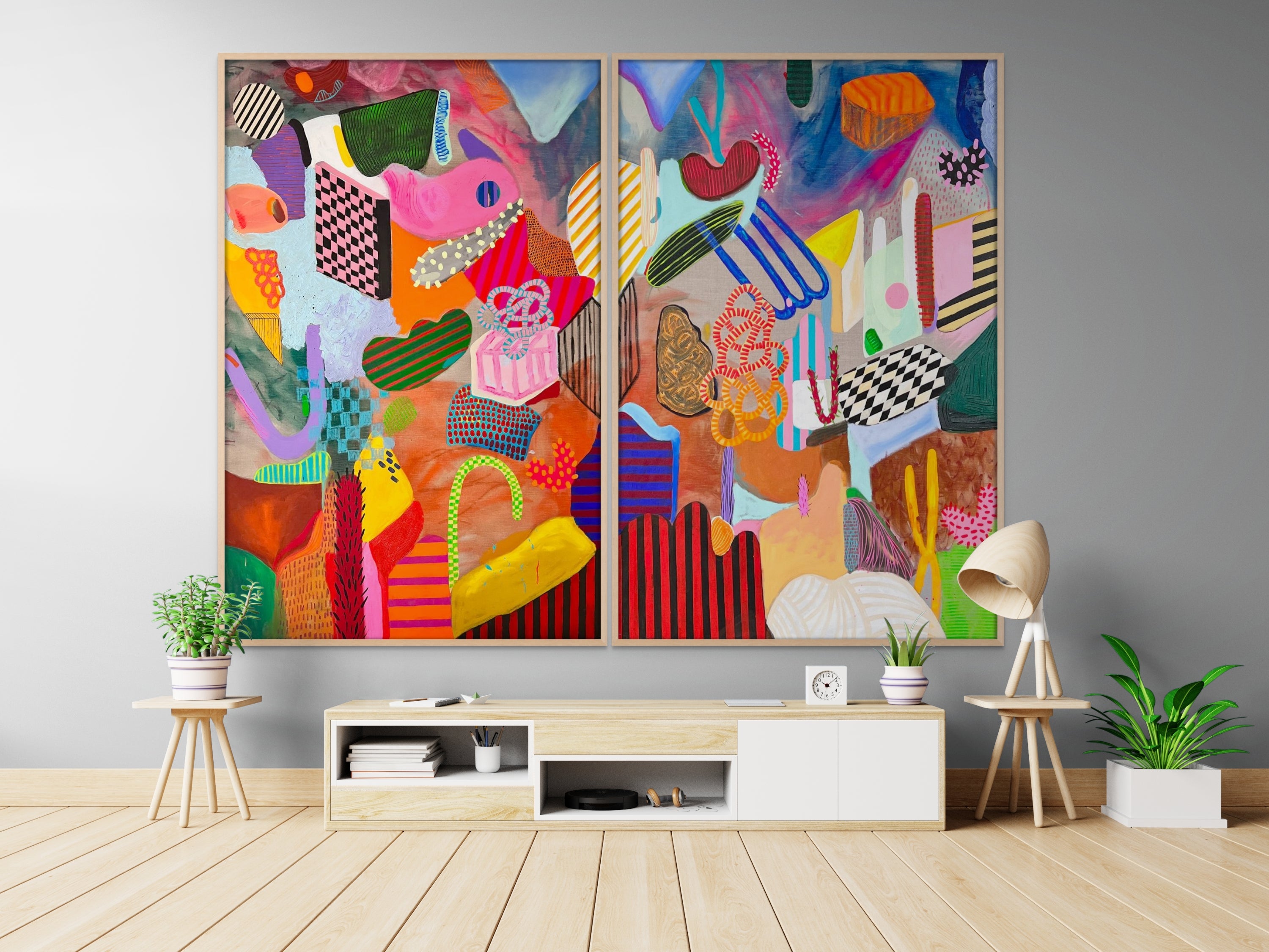 Artwork by Daniela Marin, Playful Garden II, Made of Mixed media - acrylic, oil pastels, gouache on raw linen 