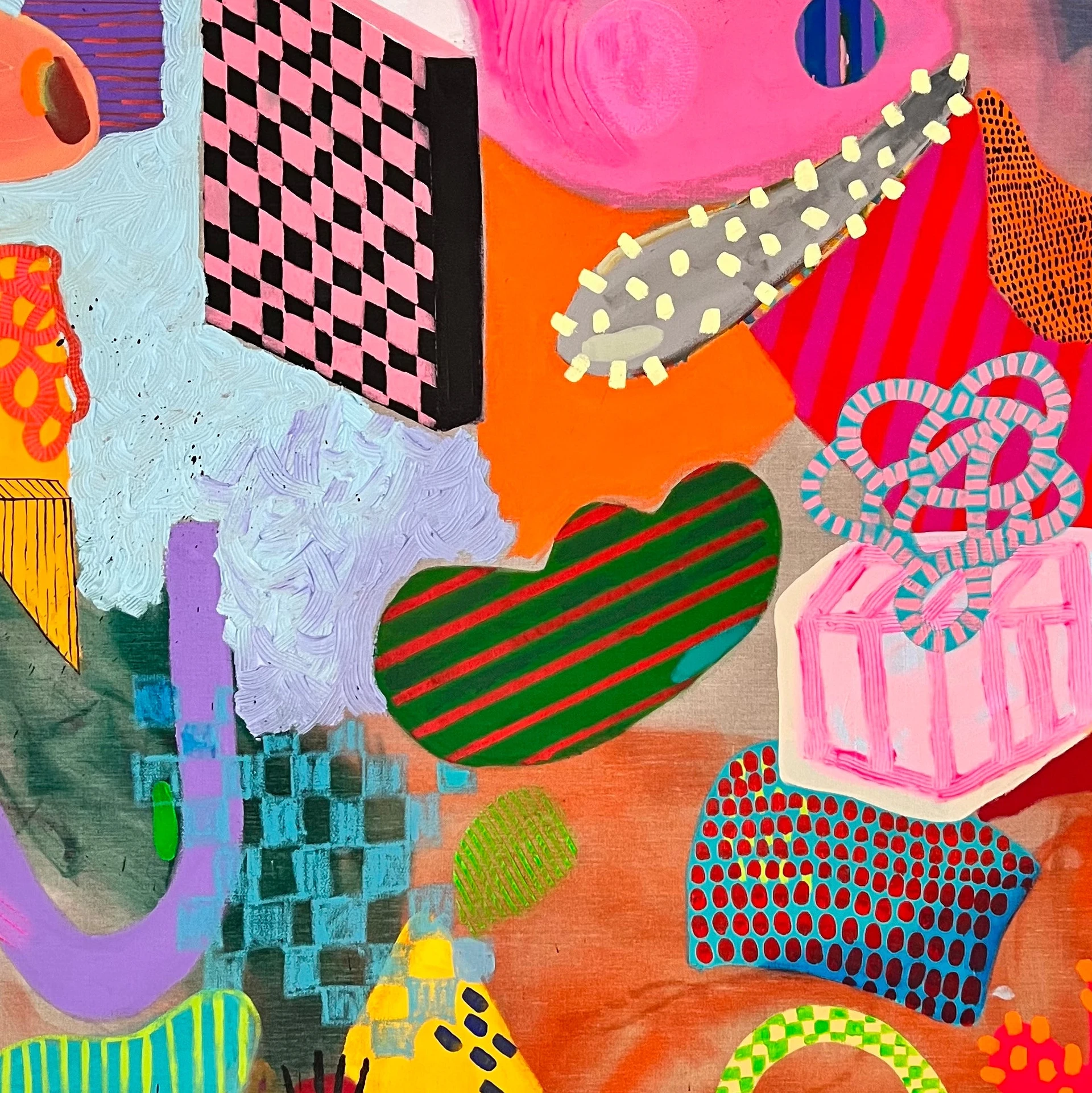 Artwork by Daniela Marin, Playful Garden II, Made of Mixed media - acrylic, oil pastels, gouache on raw linen 