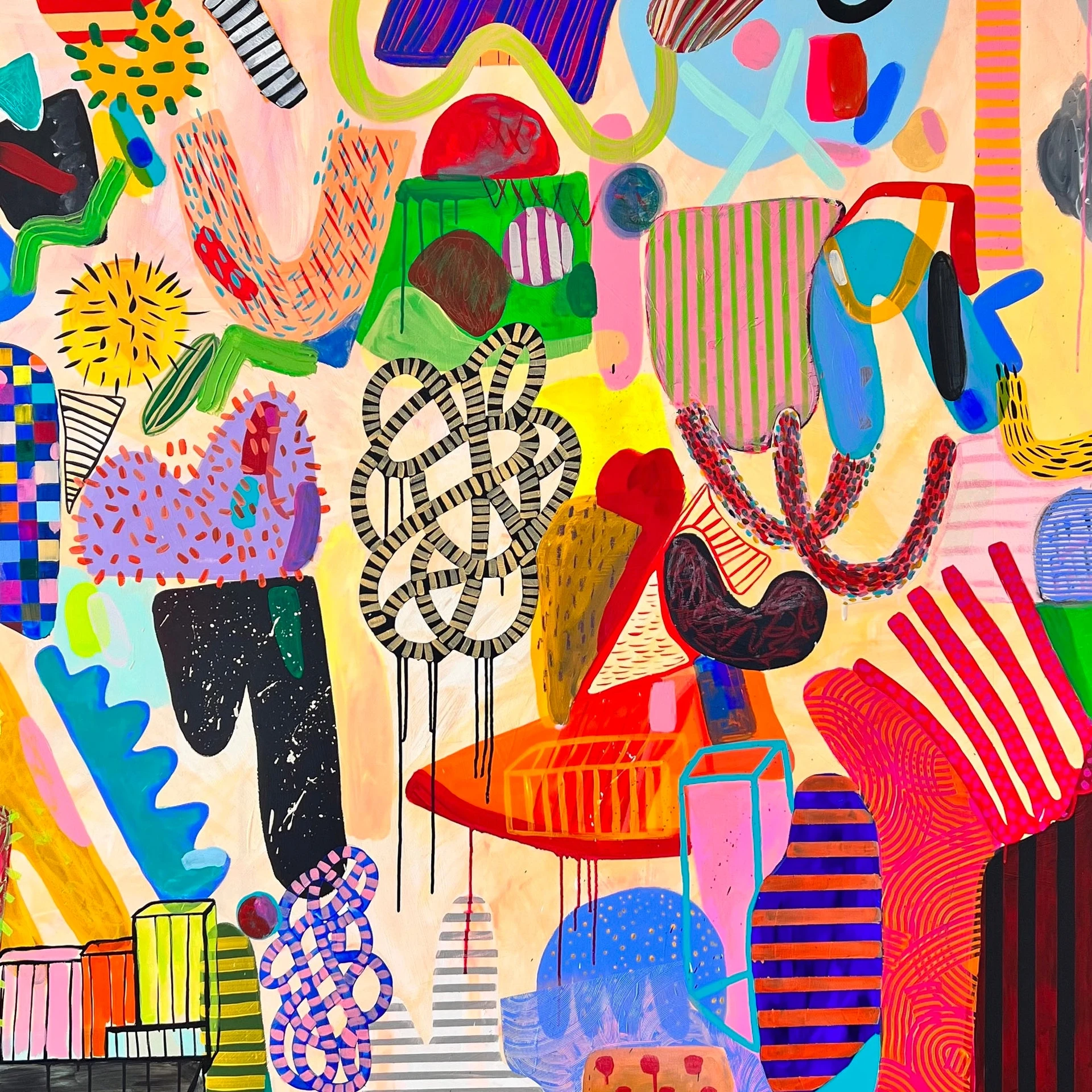 Artwork by Daniela Marin, Small talk geometry, Made of Mixed media acrylic, oil pastels, gouache on cotton 