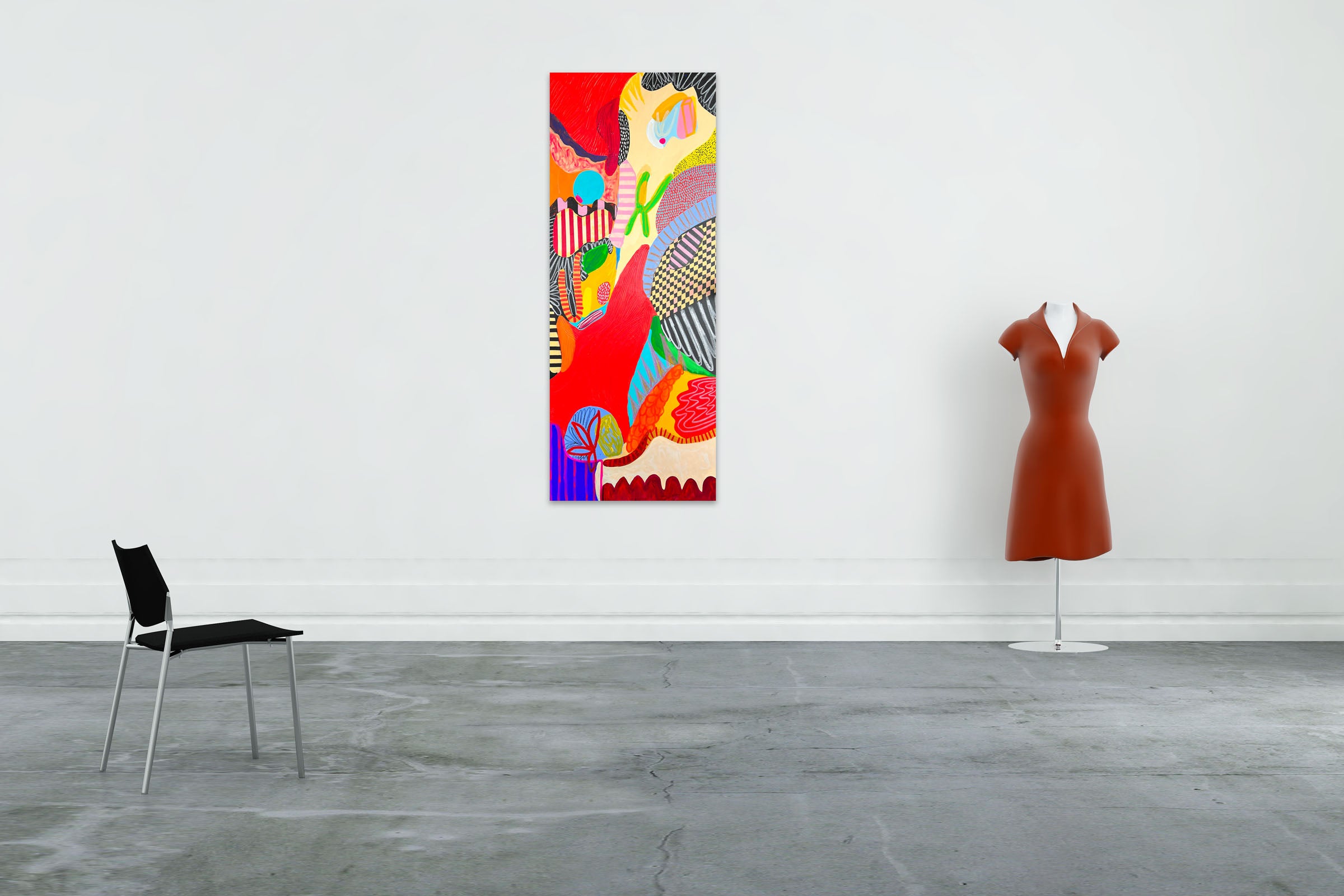 A colorful painting on a white wall with a white background.