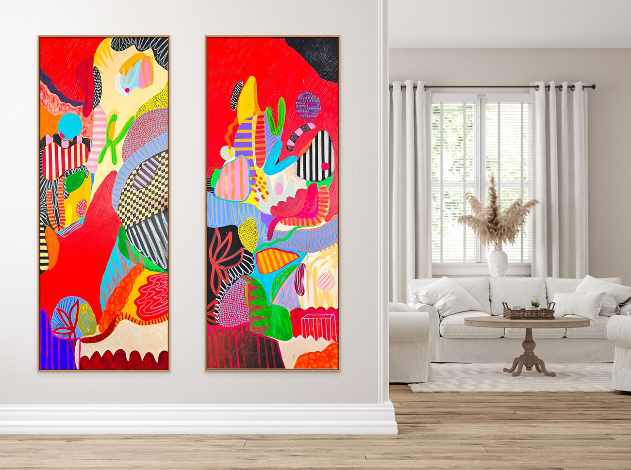 A colorful painting on a white wall with a white background.