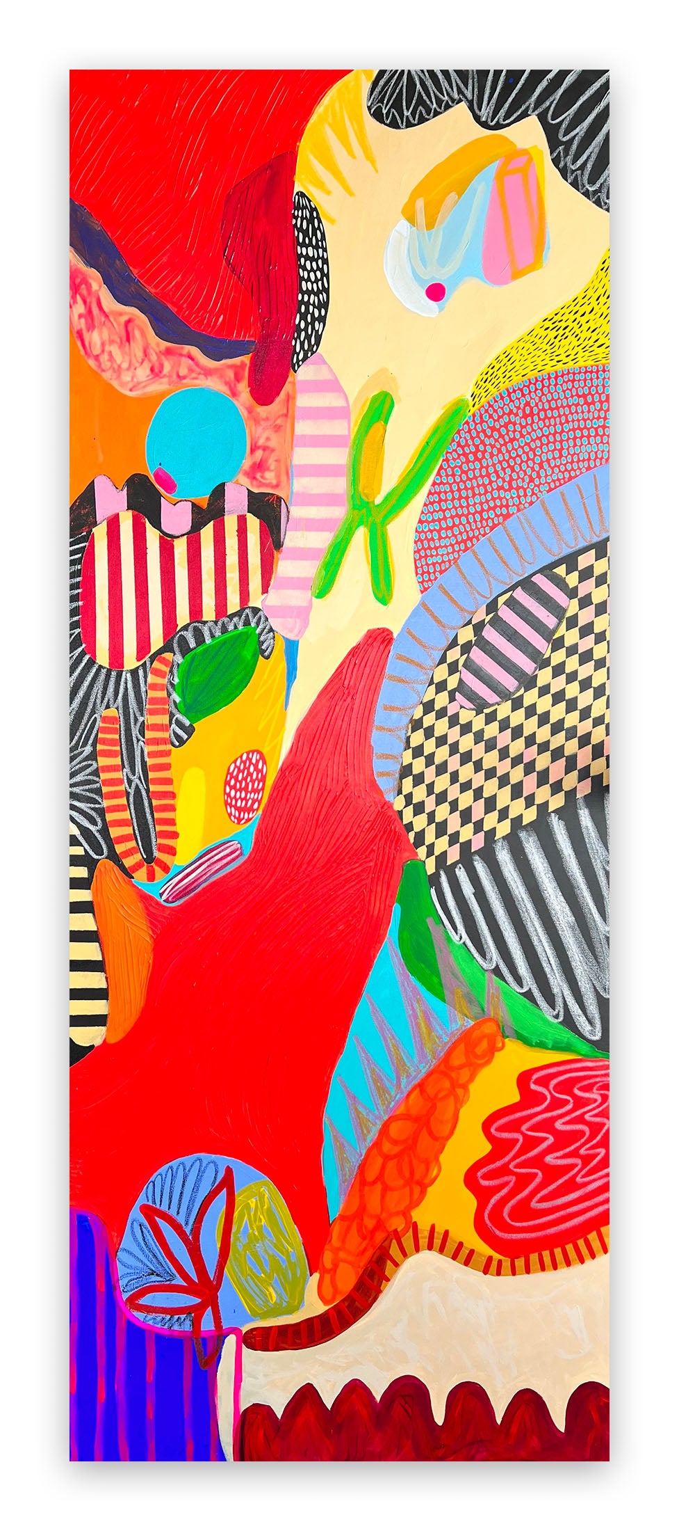 A colorful painting on a white wall with a white background.