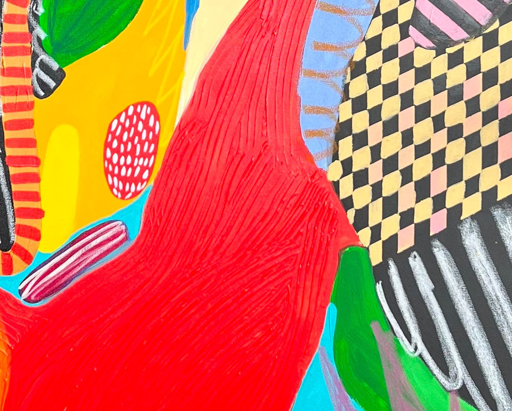 A colorful painting on a white wall with a white background.