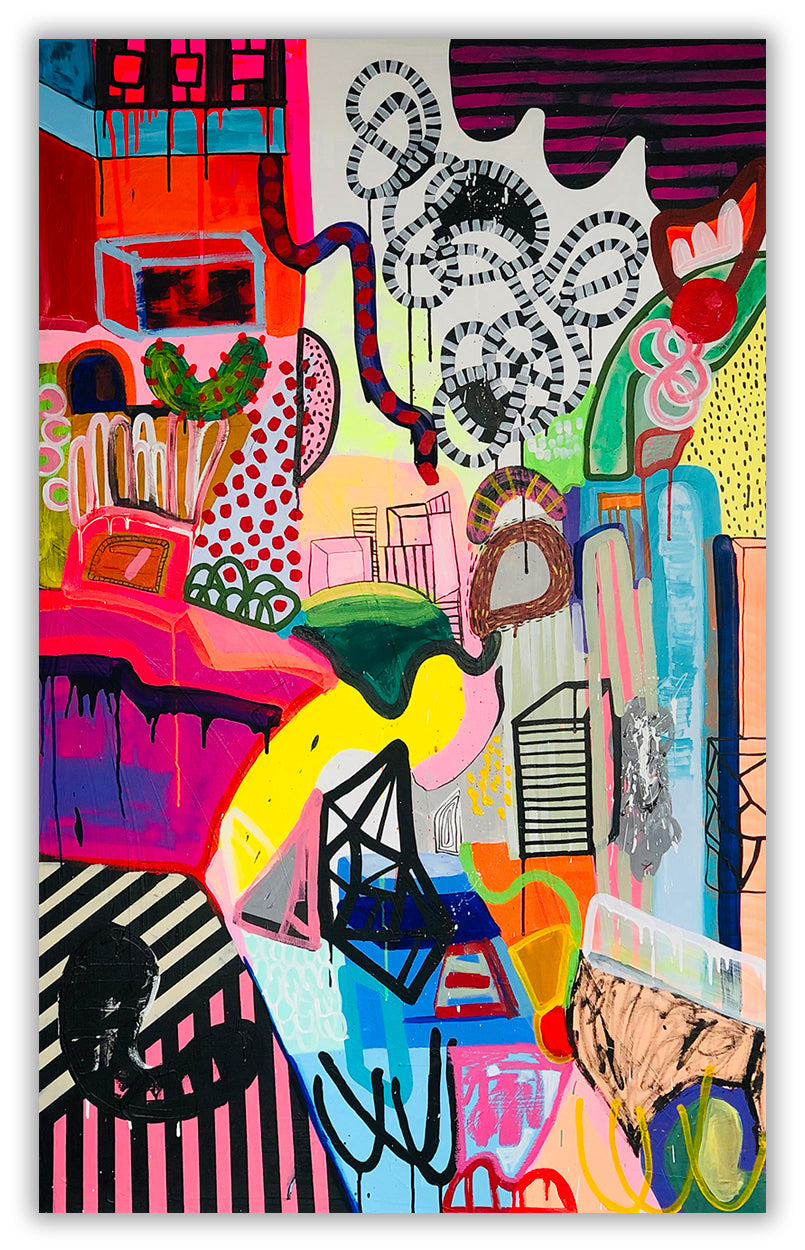 A colorful painting on a white wall in a room.