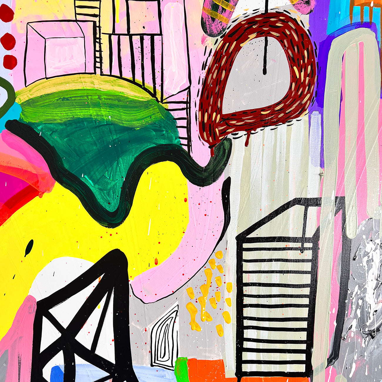 A colorful painting on a white wall in a room.