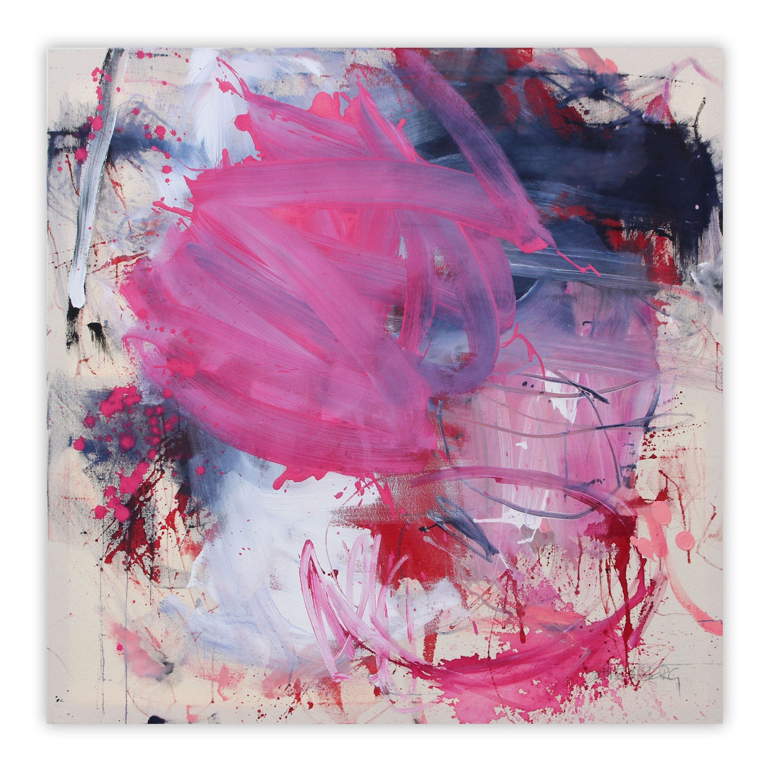 A painting with pink and blue paint splatters on a white background.