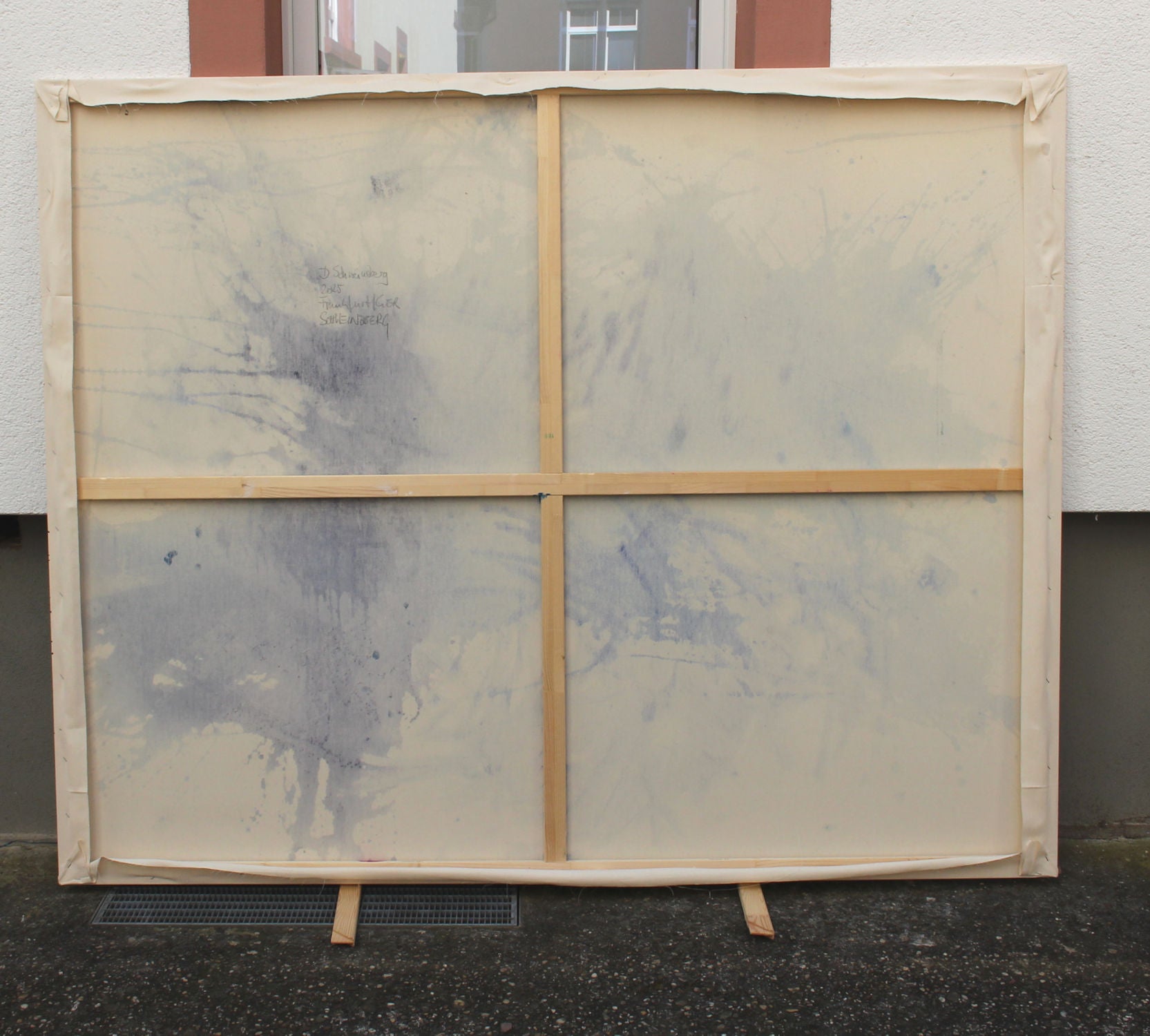 A blue and white painting on a white background.