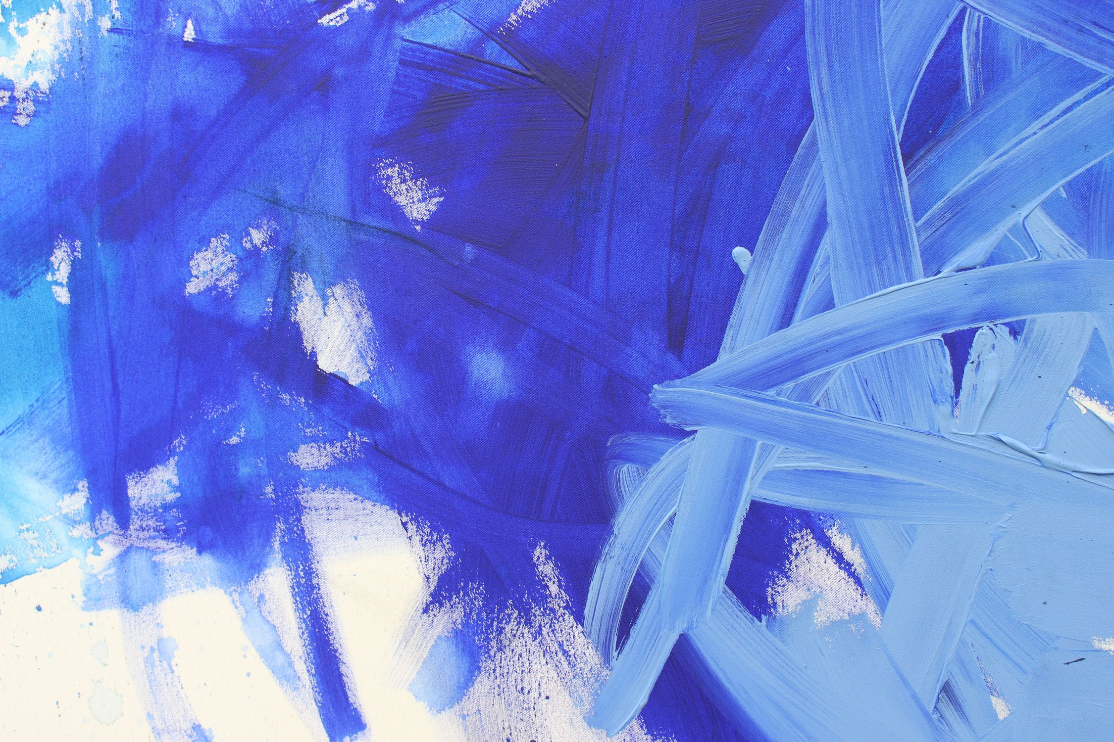 A blue and white painting on a white background.