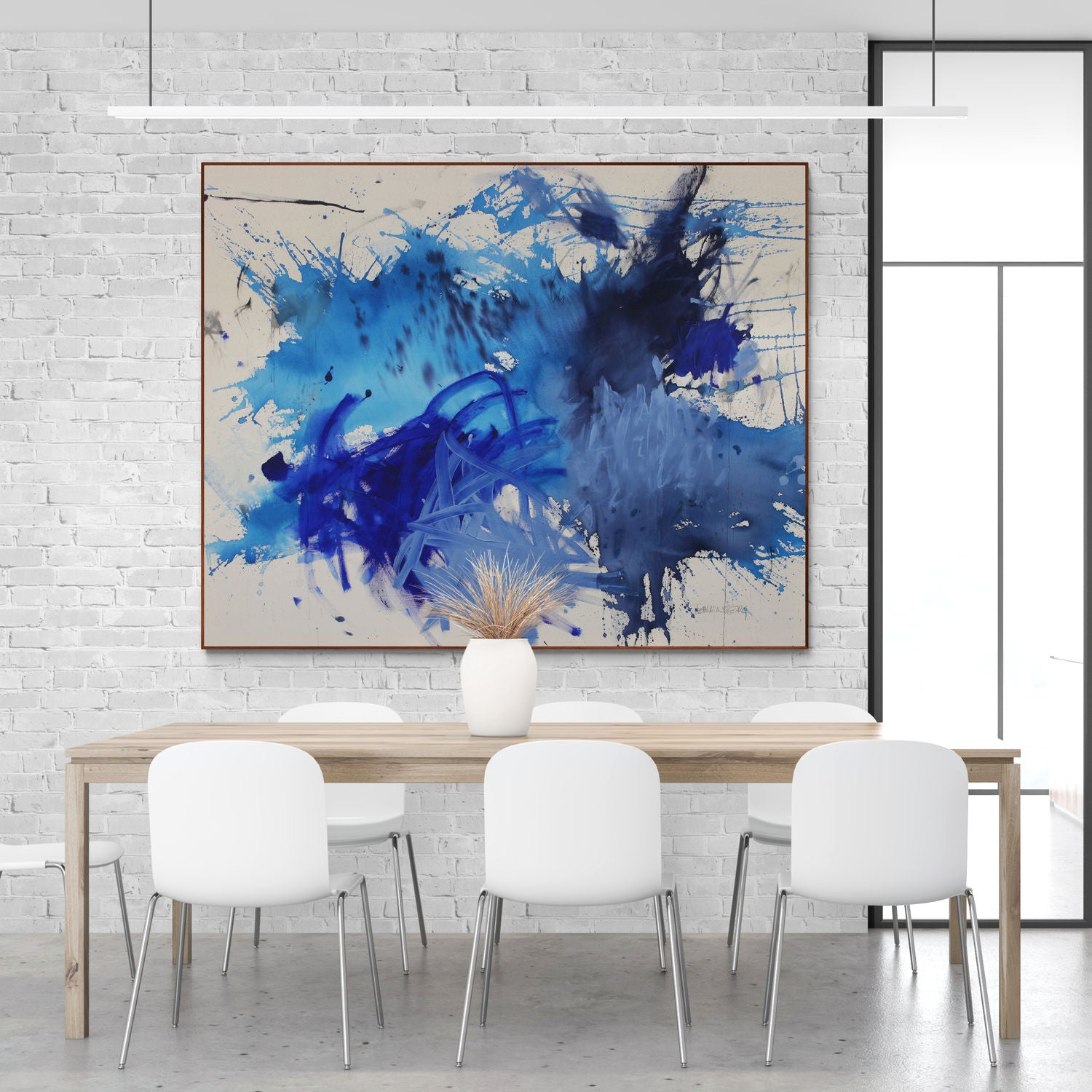 A blue and white painting on a white background.