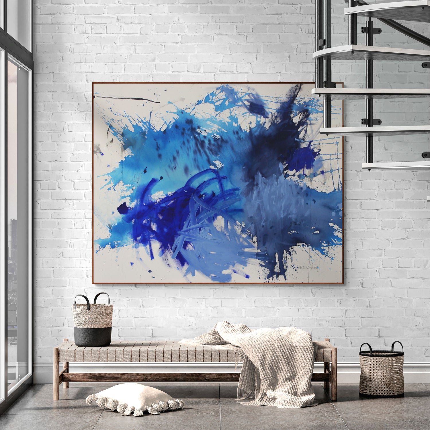A blue and white painting on a white background.