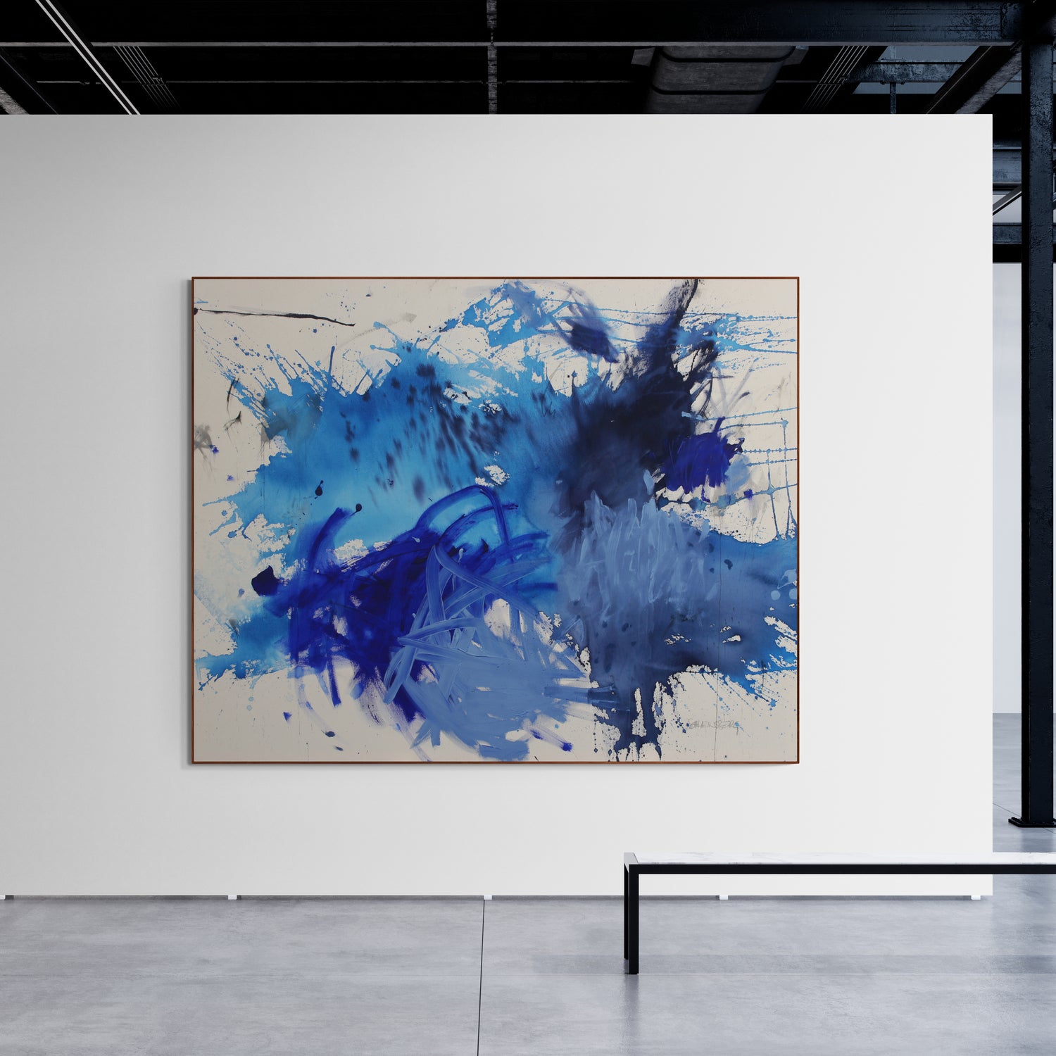 A blue and white painting on a white background.