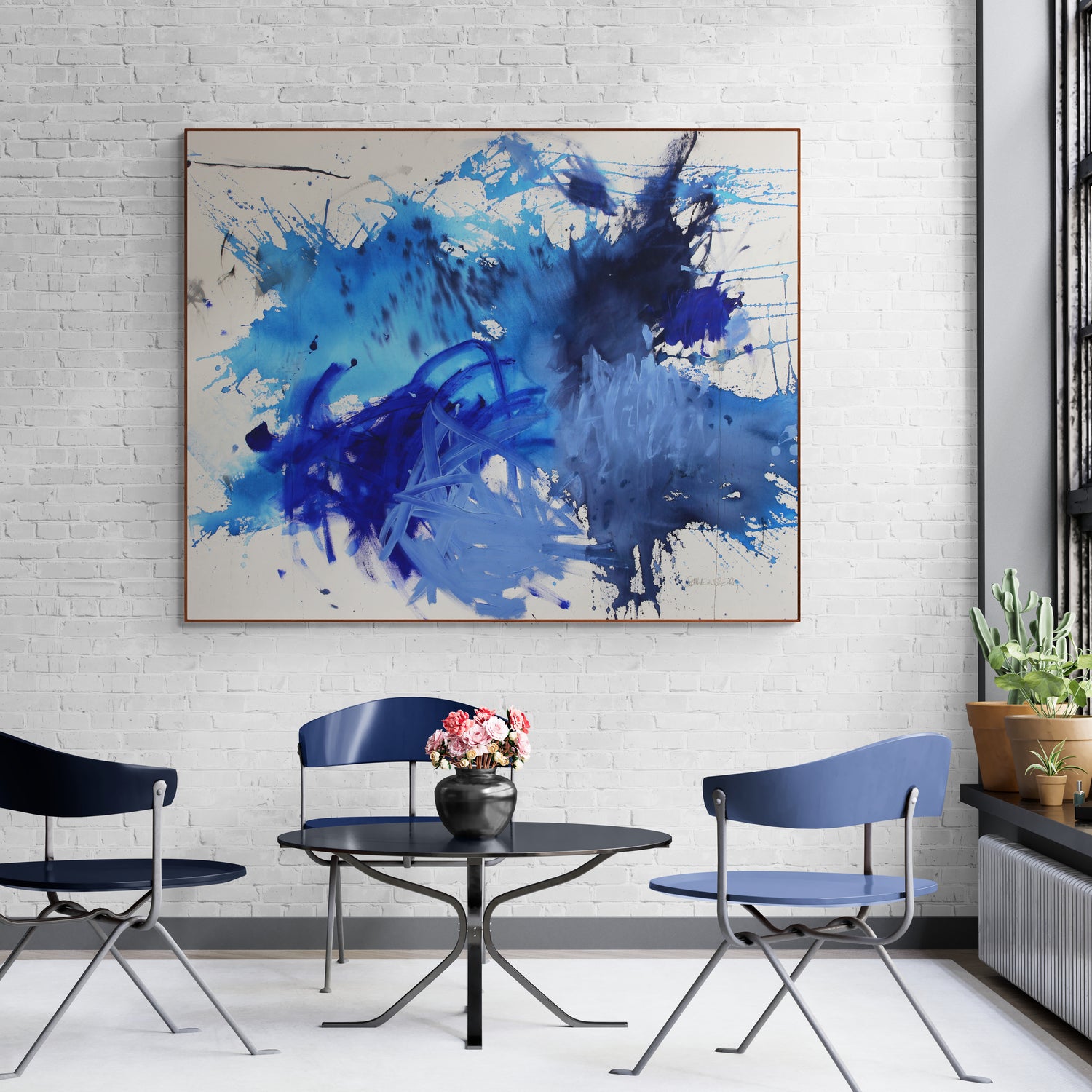 A blue and white painting on a white background.
