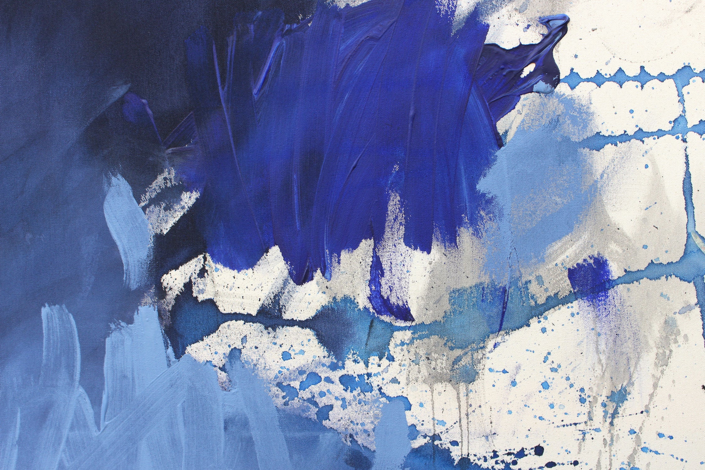 A blue and white painting on a white background.