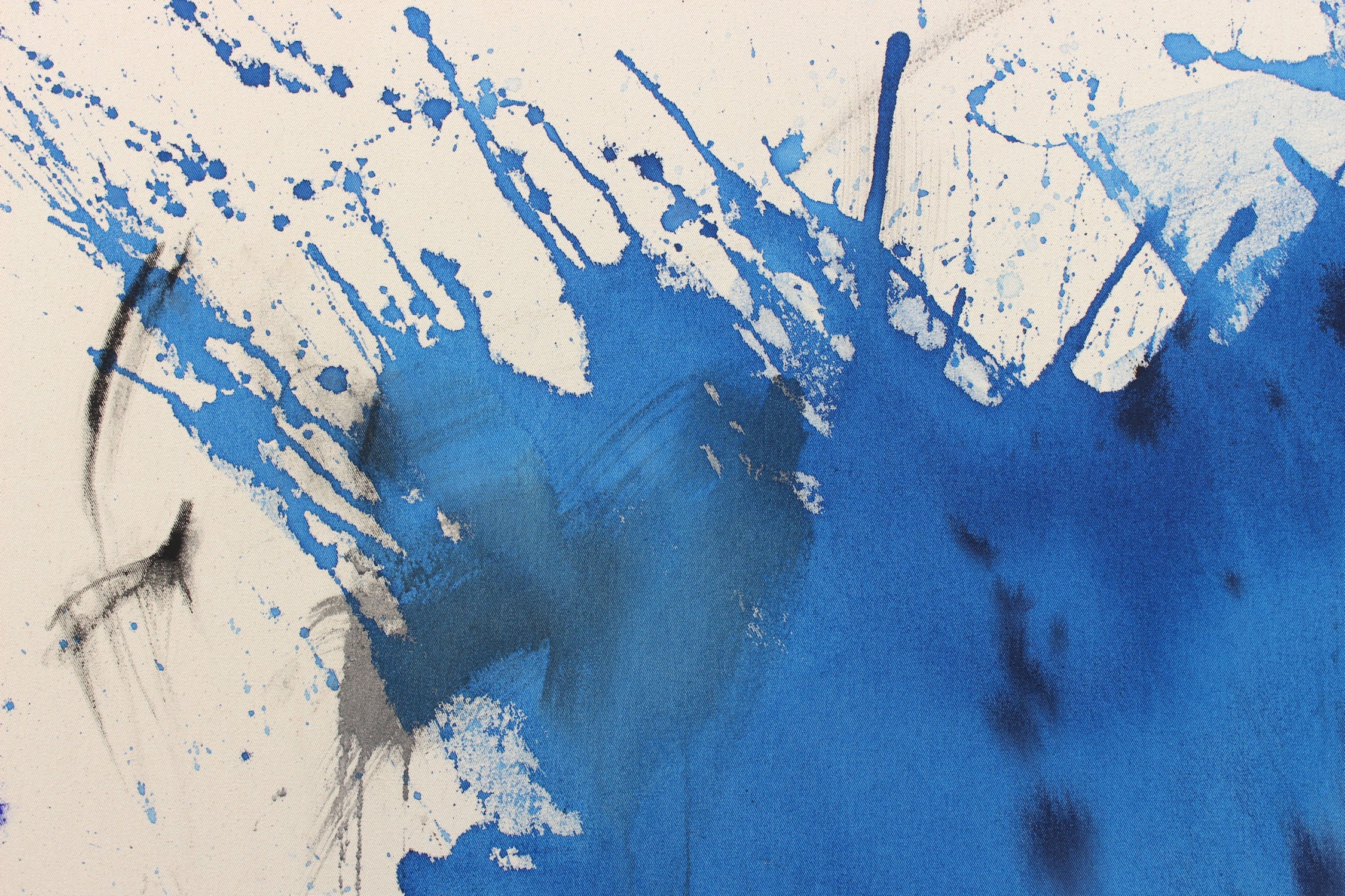 A blue and white painting on a white background.