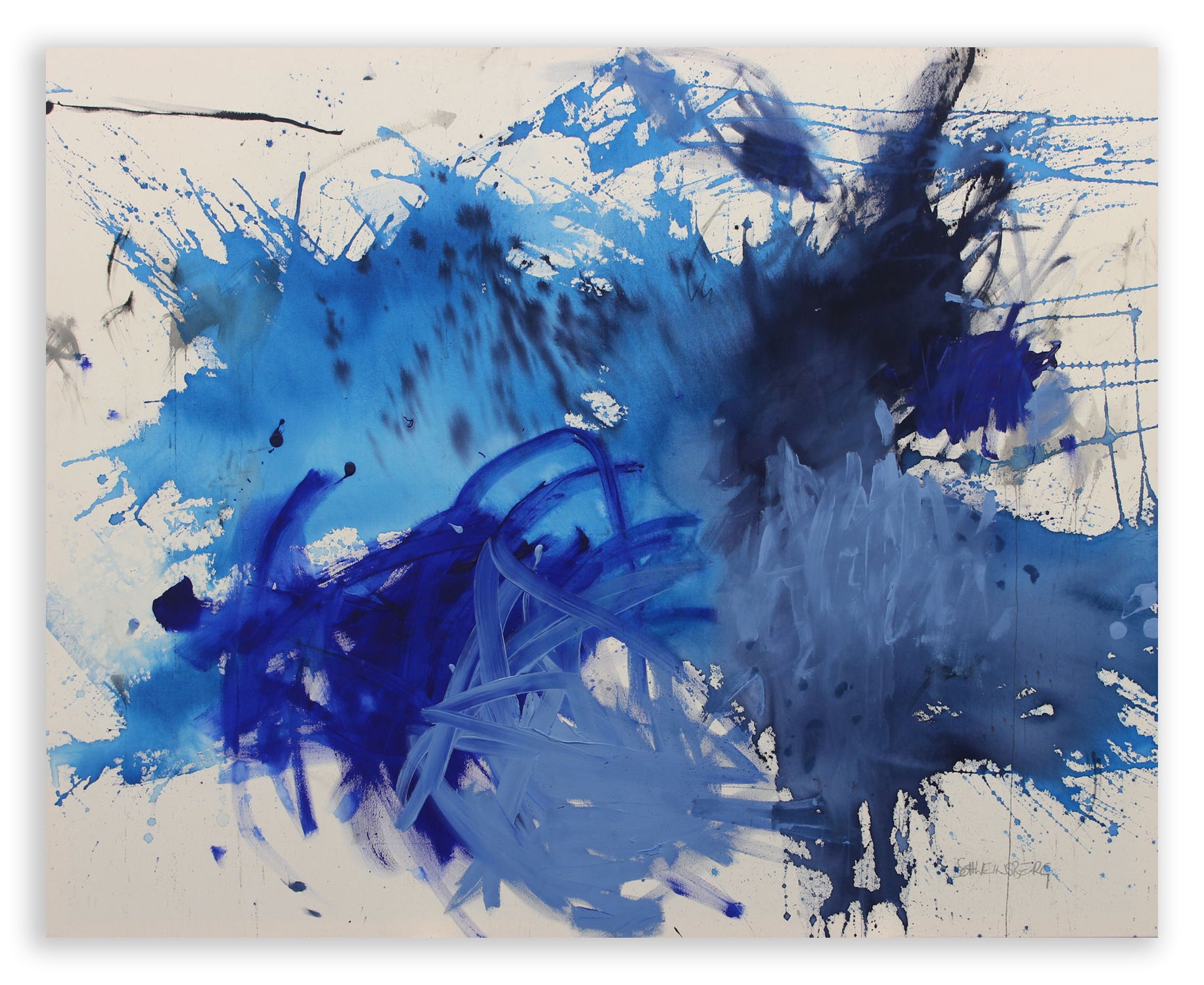 A blue and white painting on a white background.