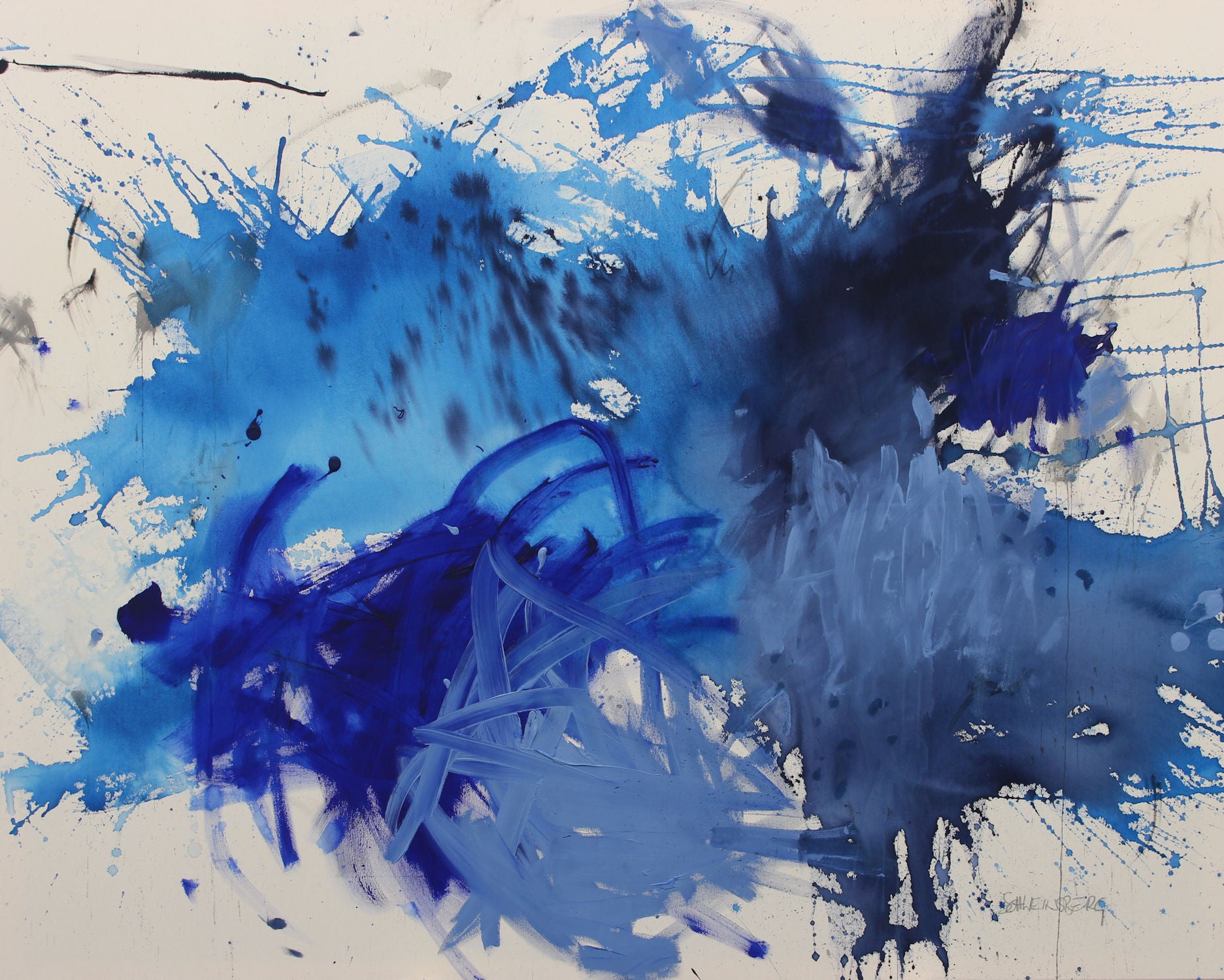A blue and white painting on a white background.