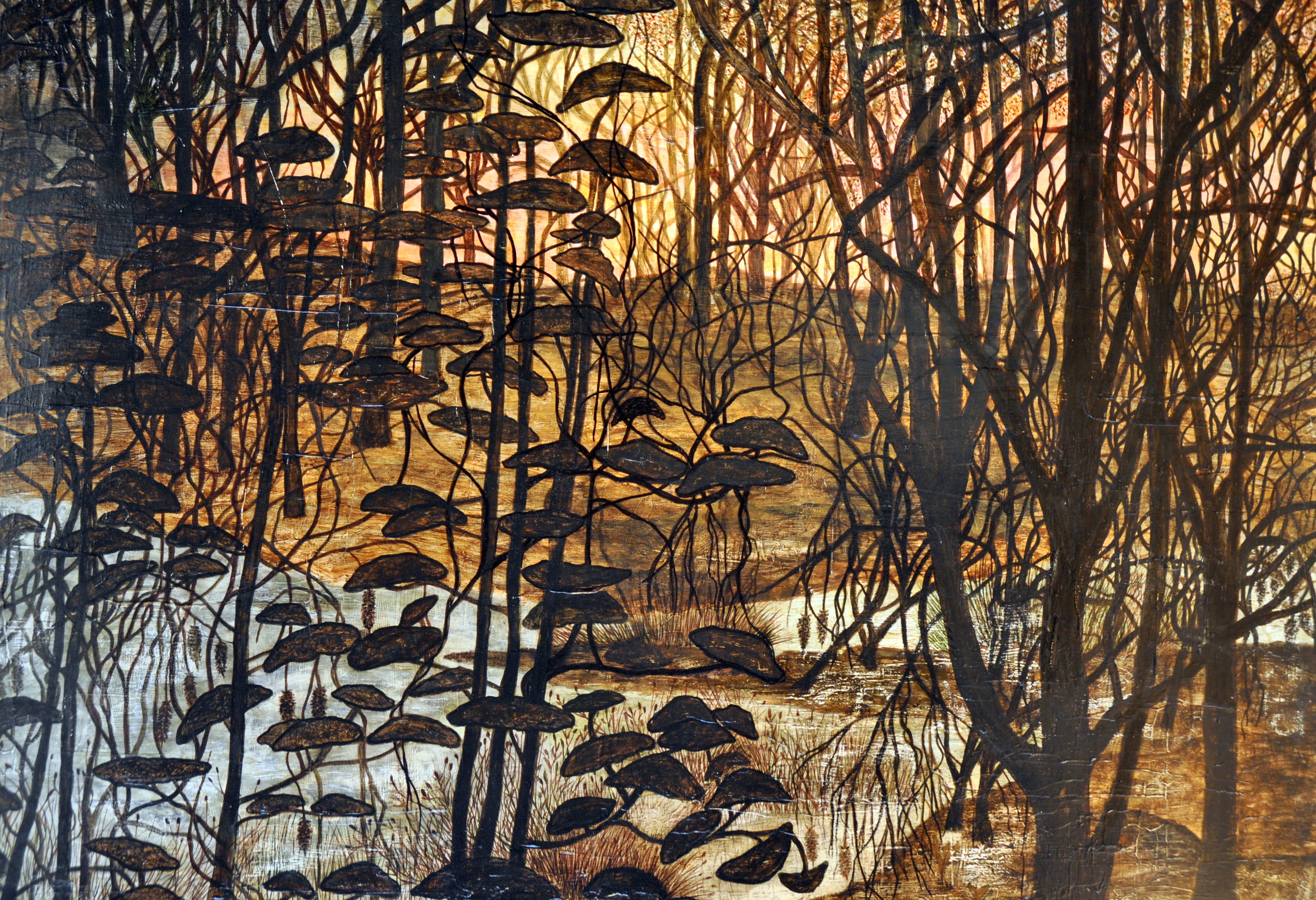 A painting of a forest with trees in the background.
