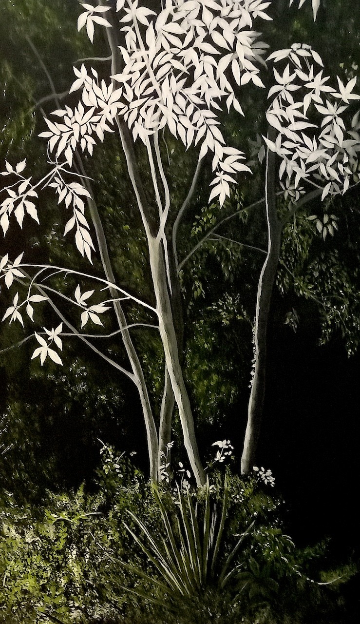 A painting of a tree in the middle of a forest.