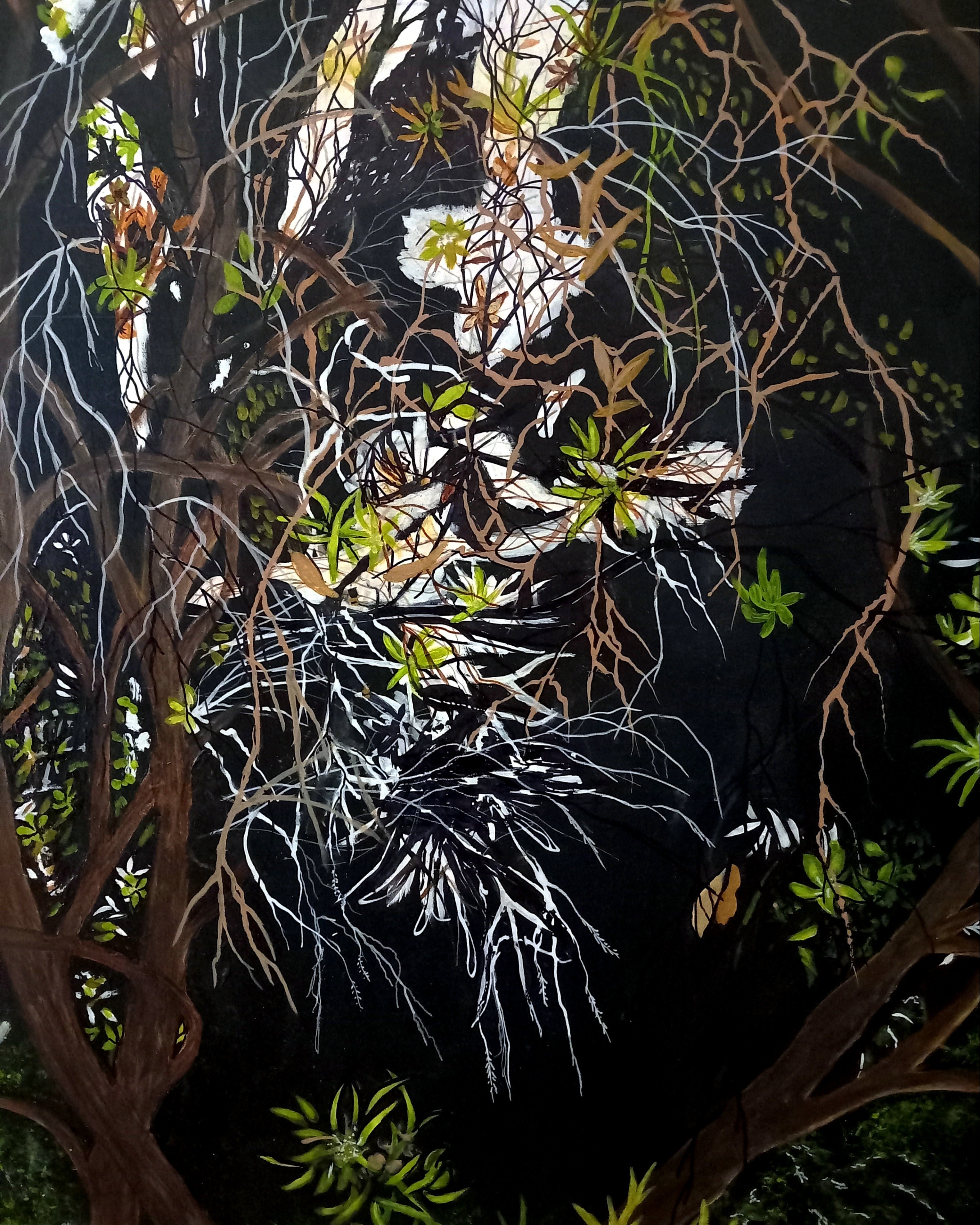 A painting of a tree with white flowers on it.