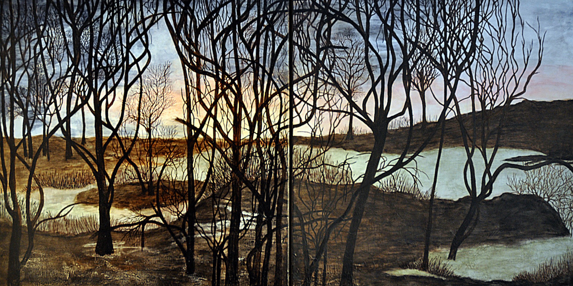 A moody landscape painting featuring a dense forest of bare trees silhouetted against a twilight sky over a frozen lake.