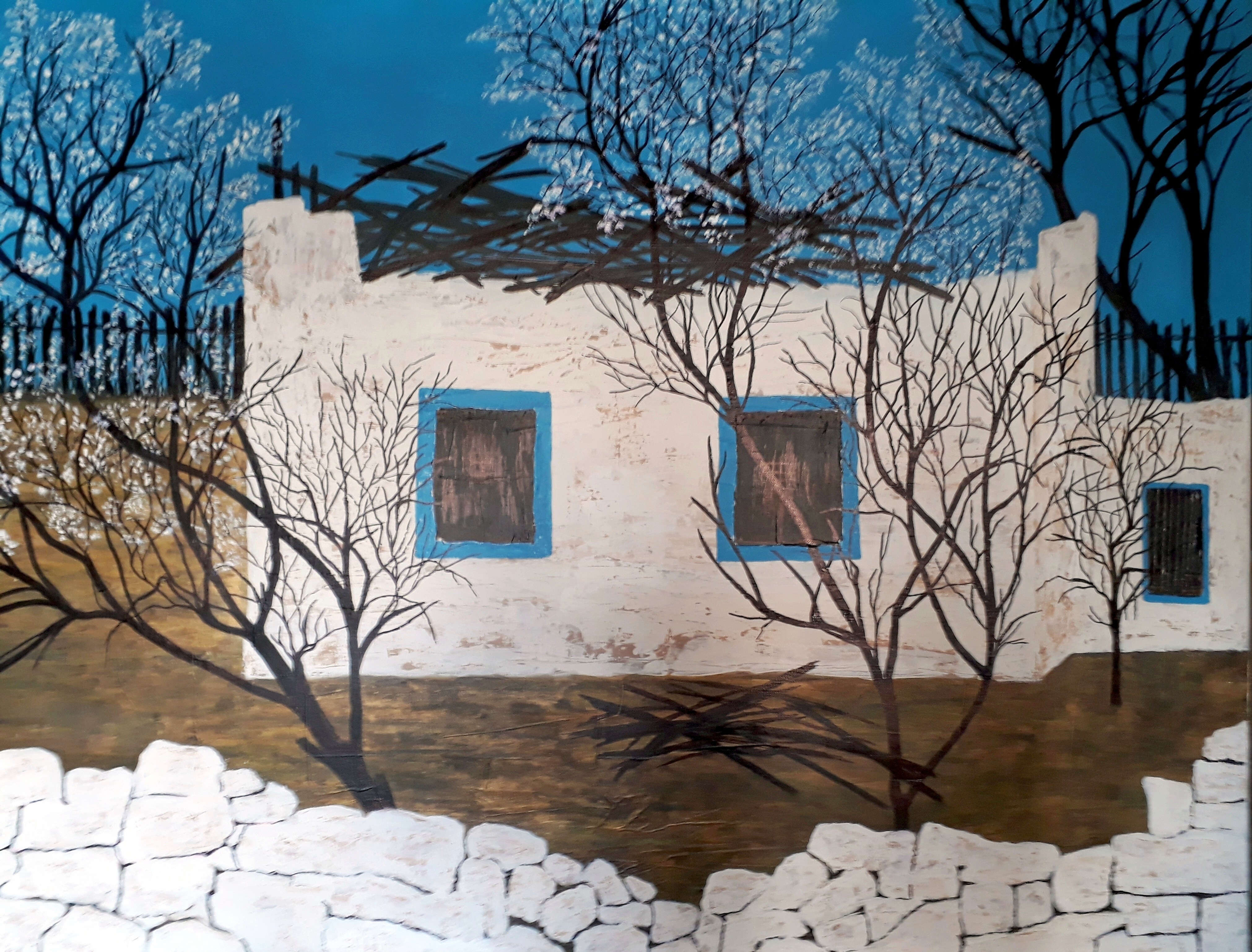 A painting of a white house with blue shutters and trees.