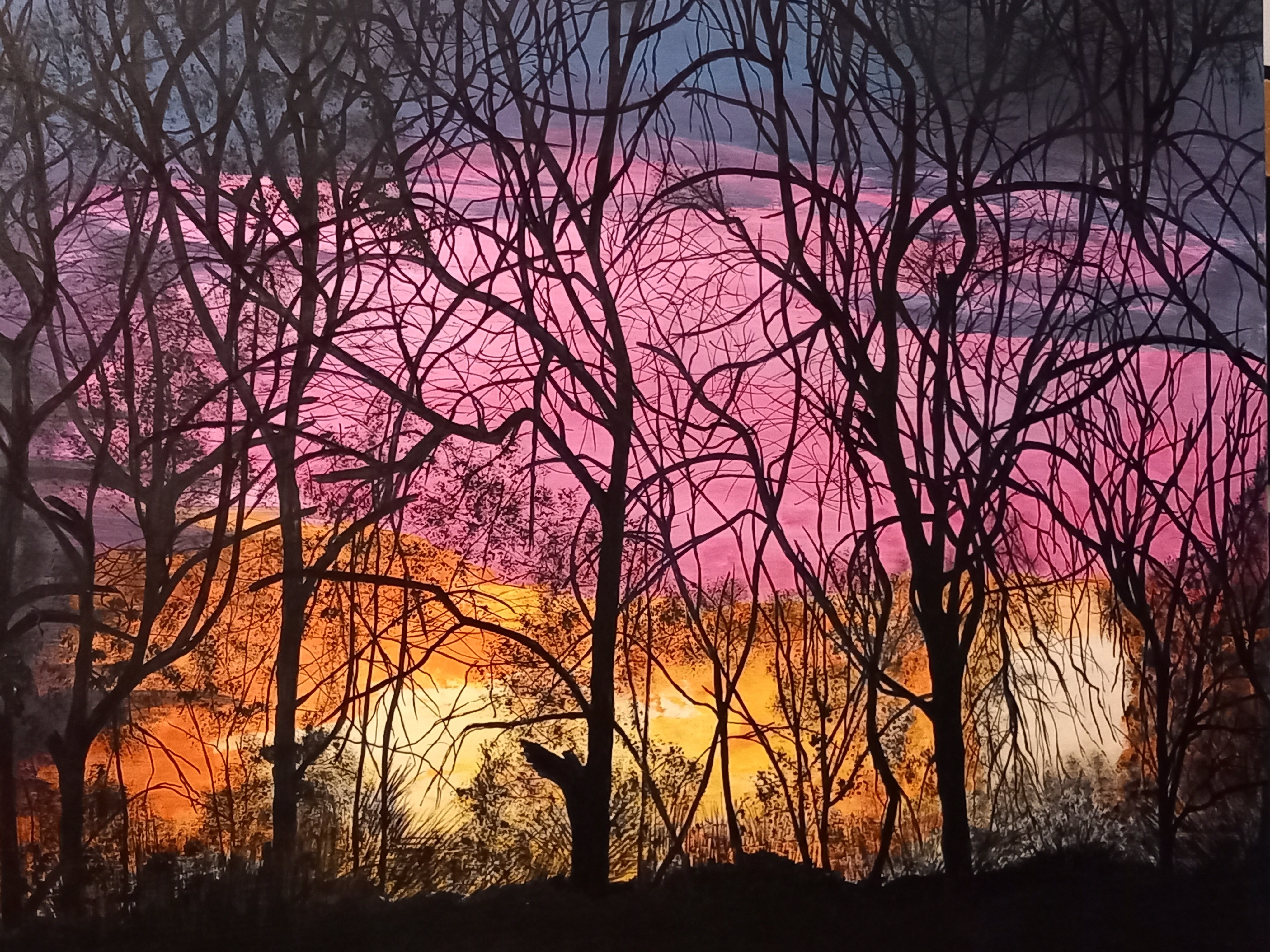 A painting of a sunset with trees in the foreground.