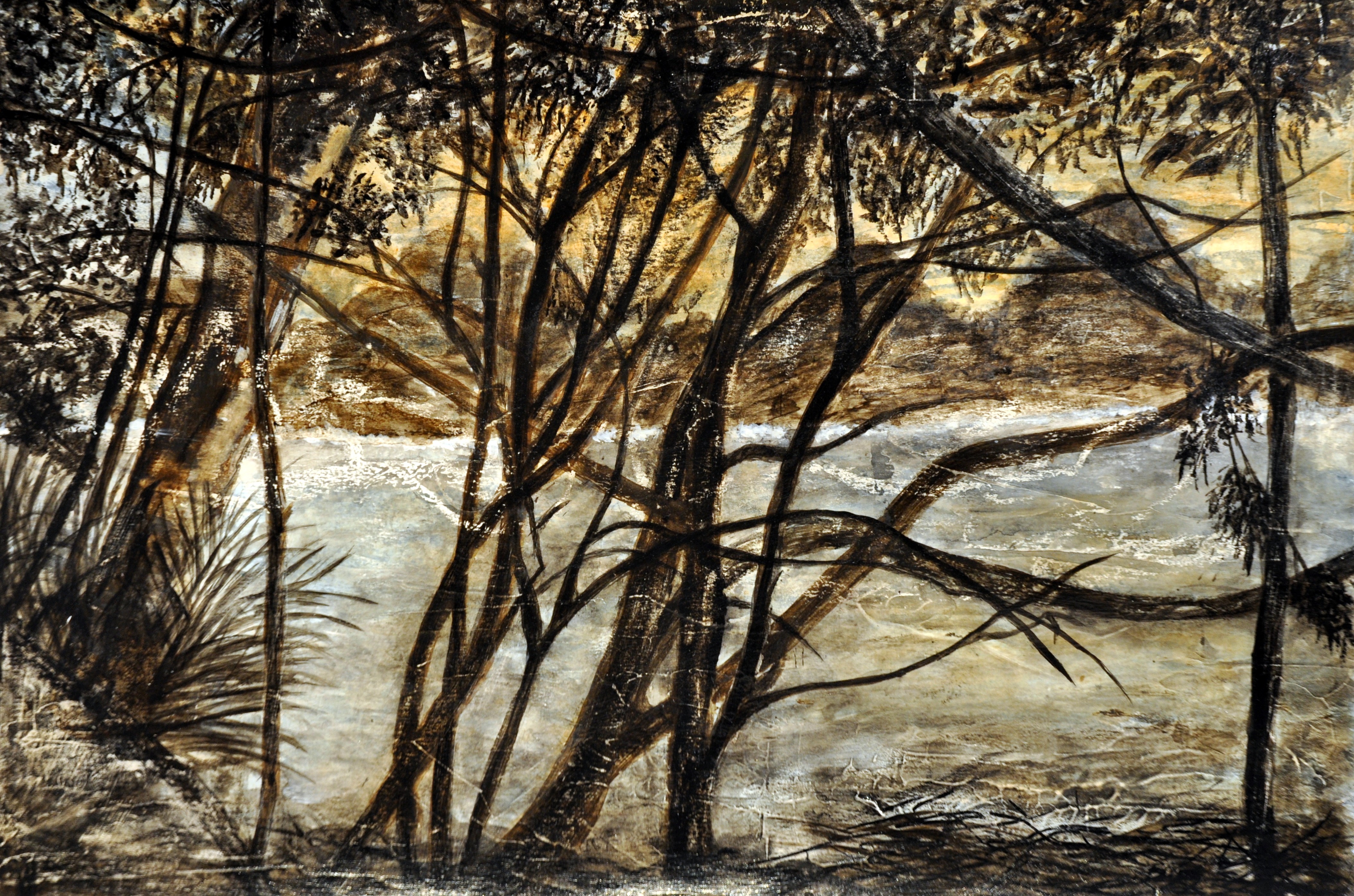 A painting of trees in a wooded area with a river in the background.