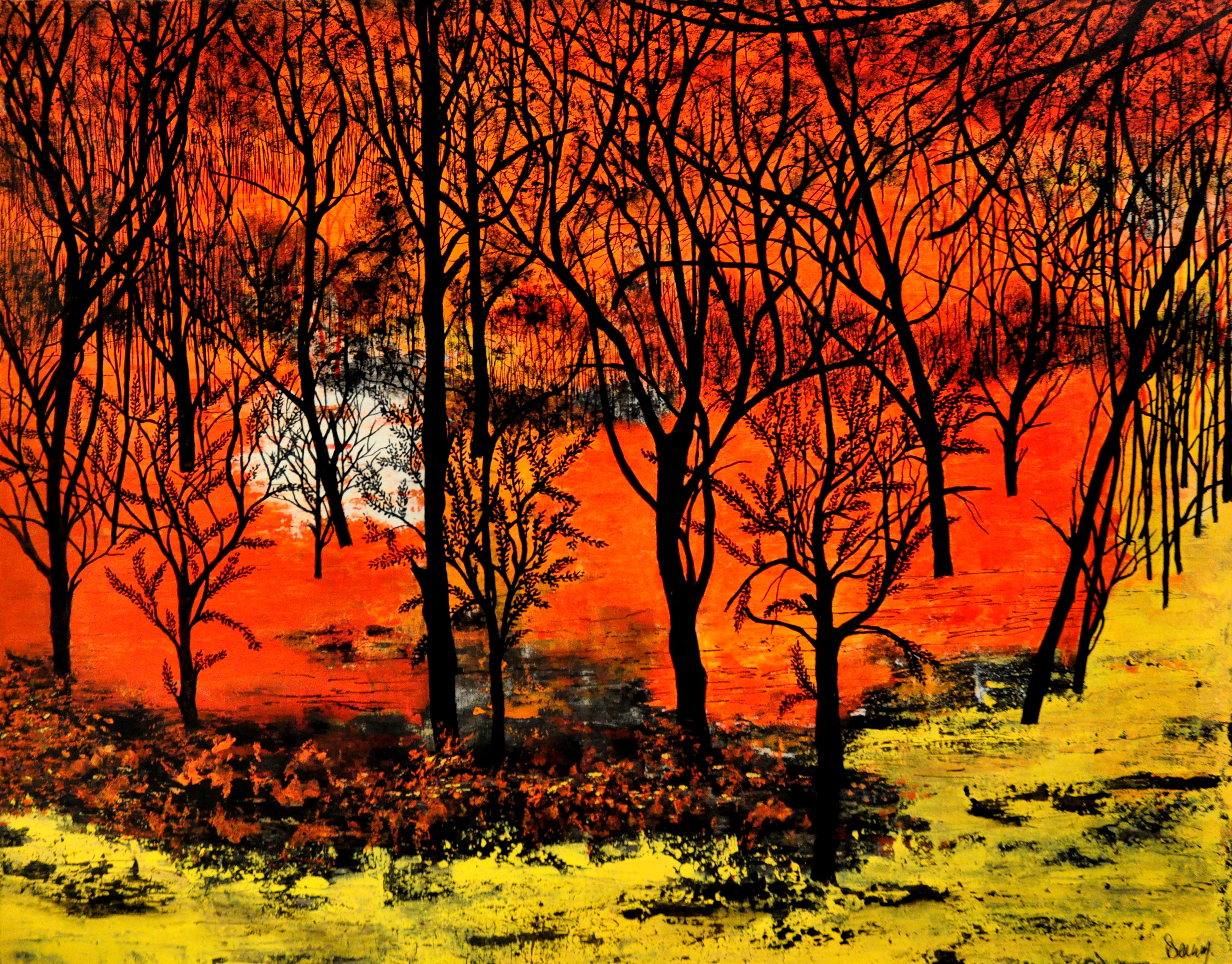 A painting of trees in a forest at sunset. 
