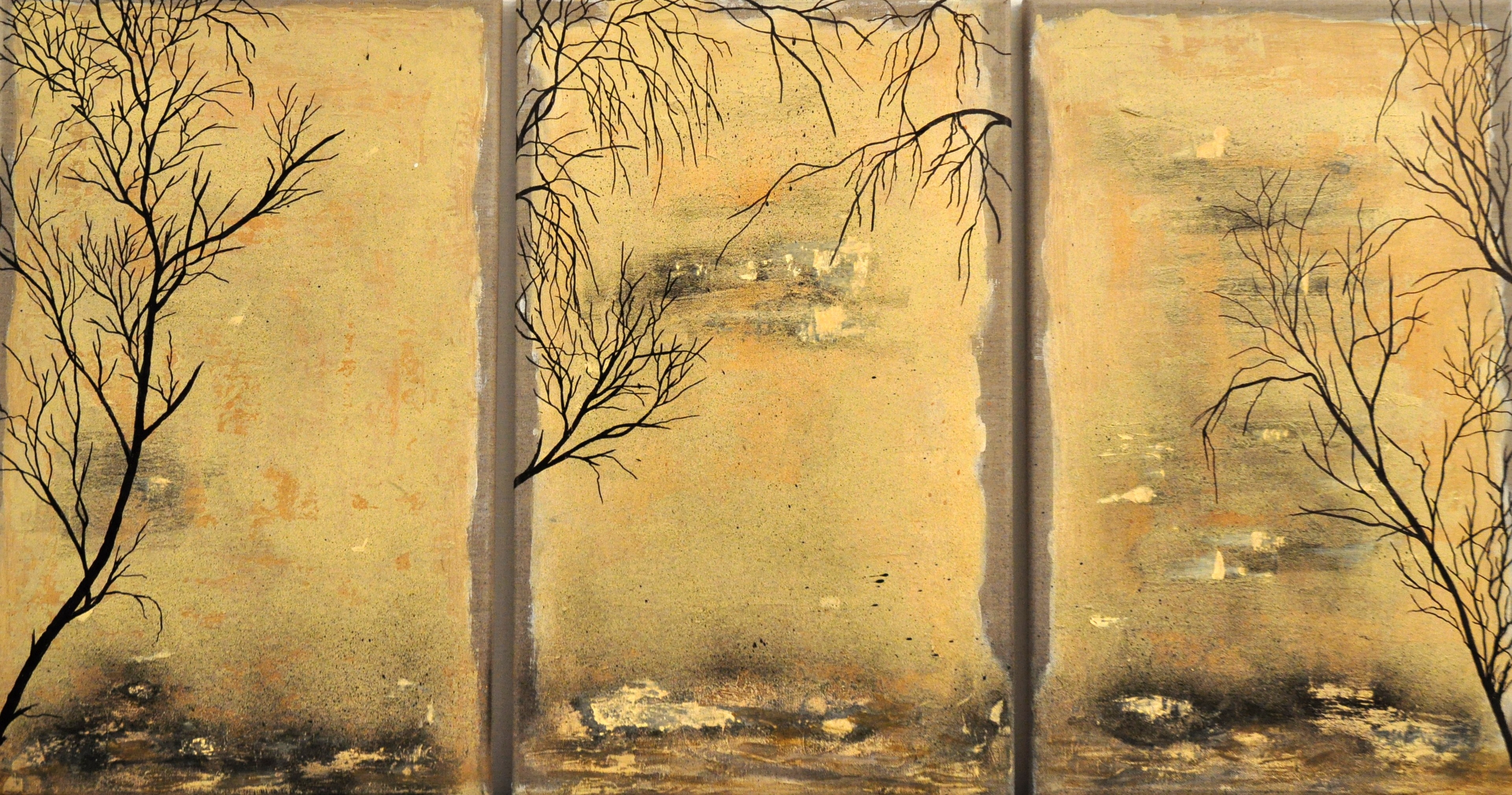 A painting of three trees on a wall in a room.