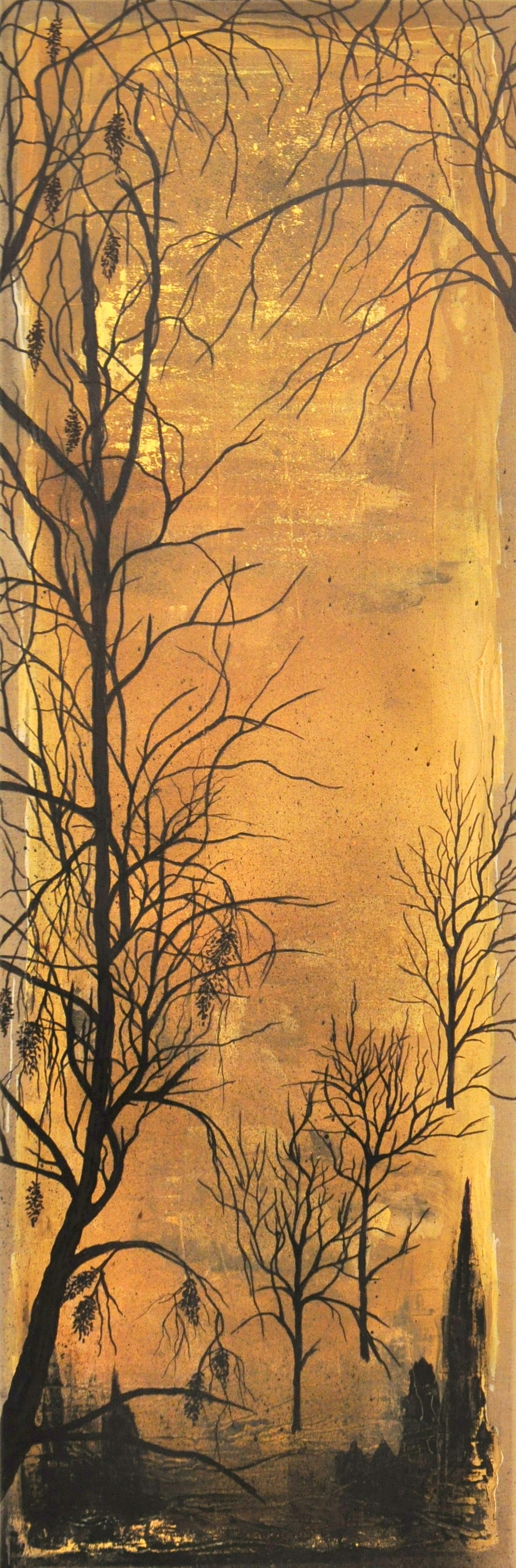A painting of a sunset with trees in the foreground.