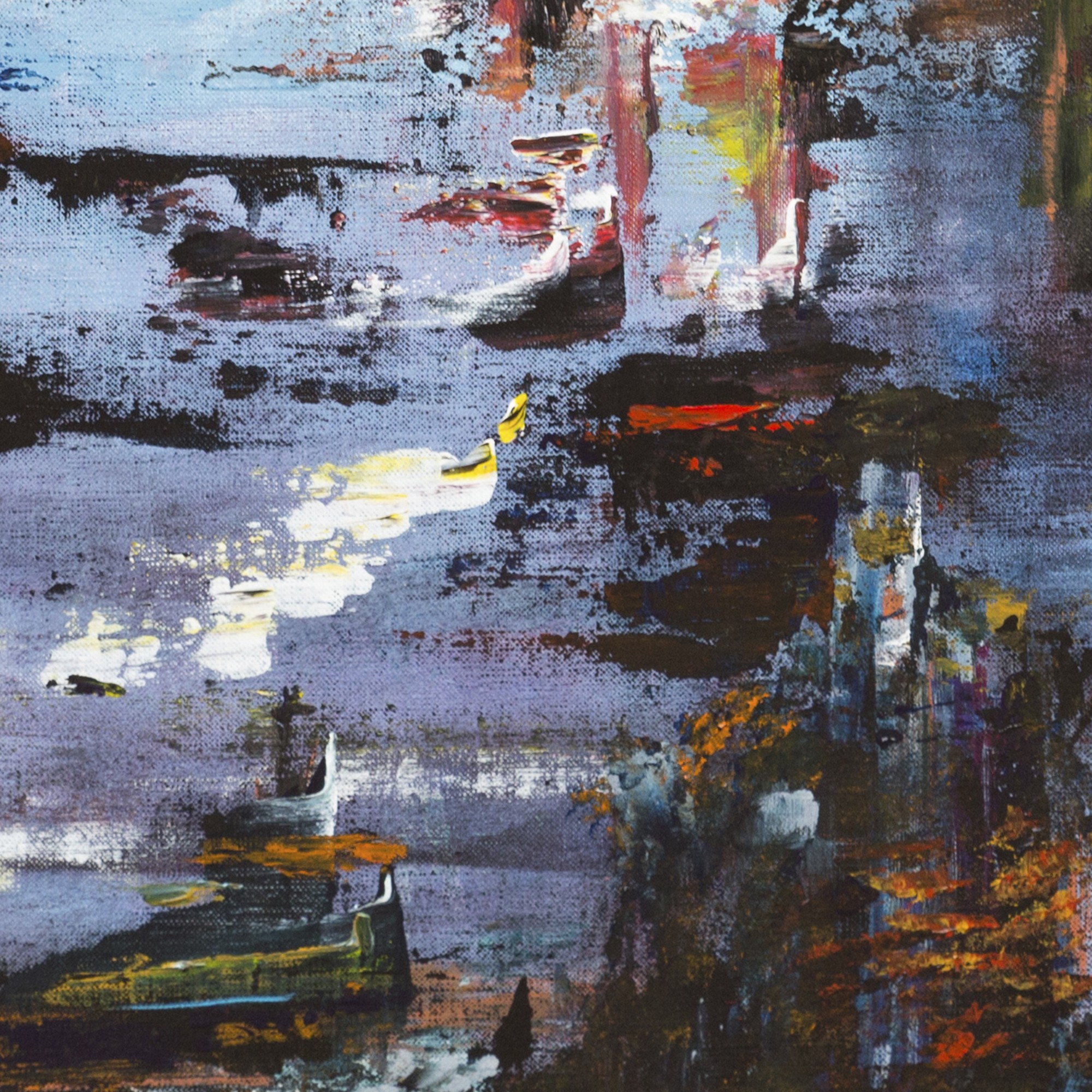 A painting of boats floating on a body of water.