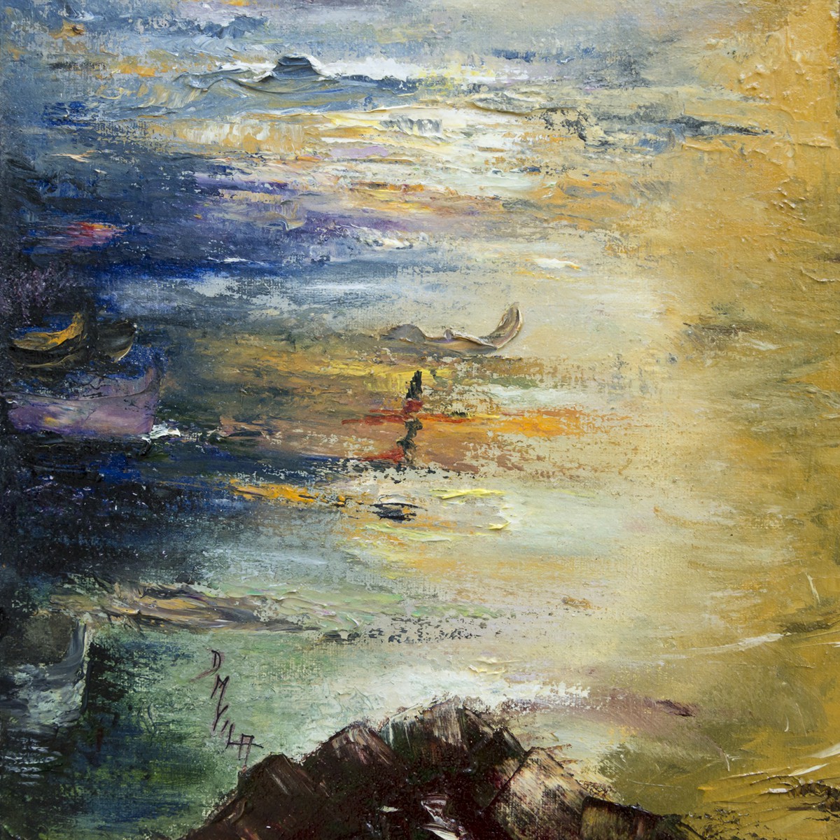 A painting of a person standing on a cliff overlooking the ocean.