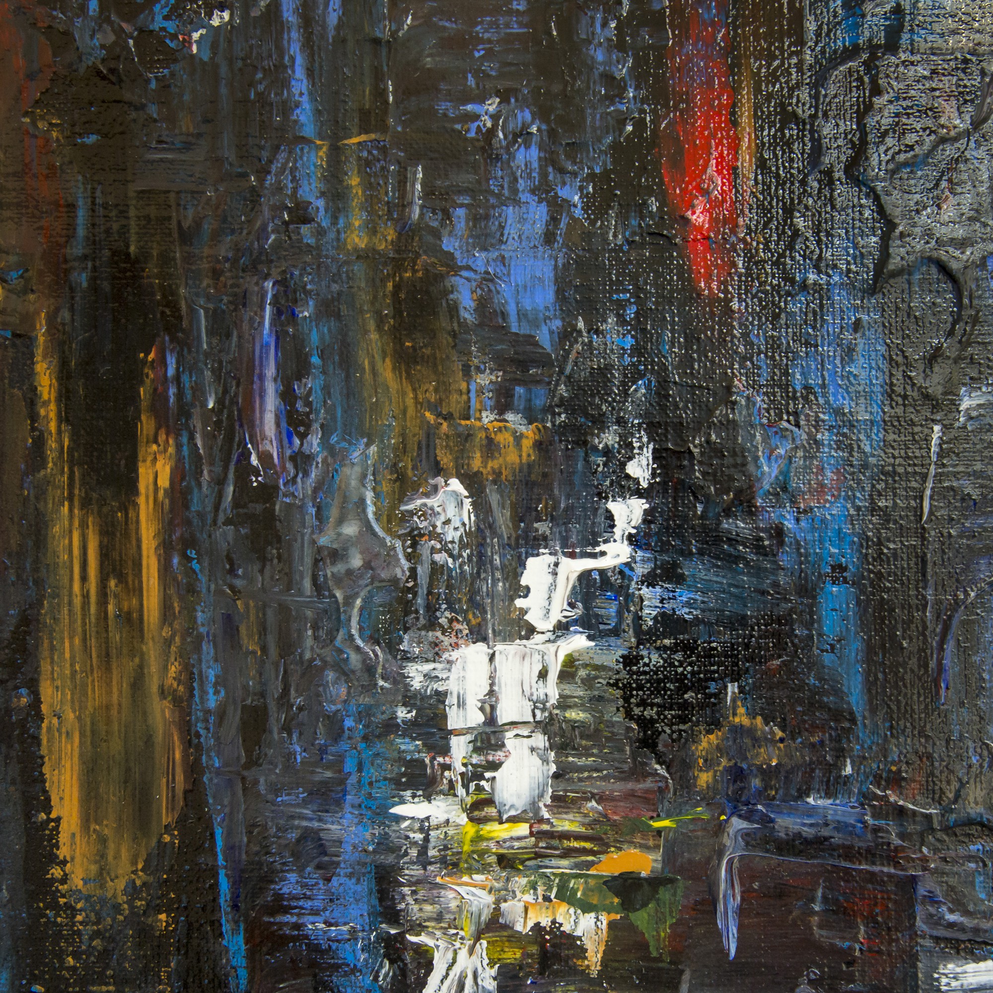 A painting of a cityscape with lots of different colors.