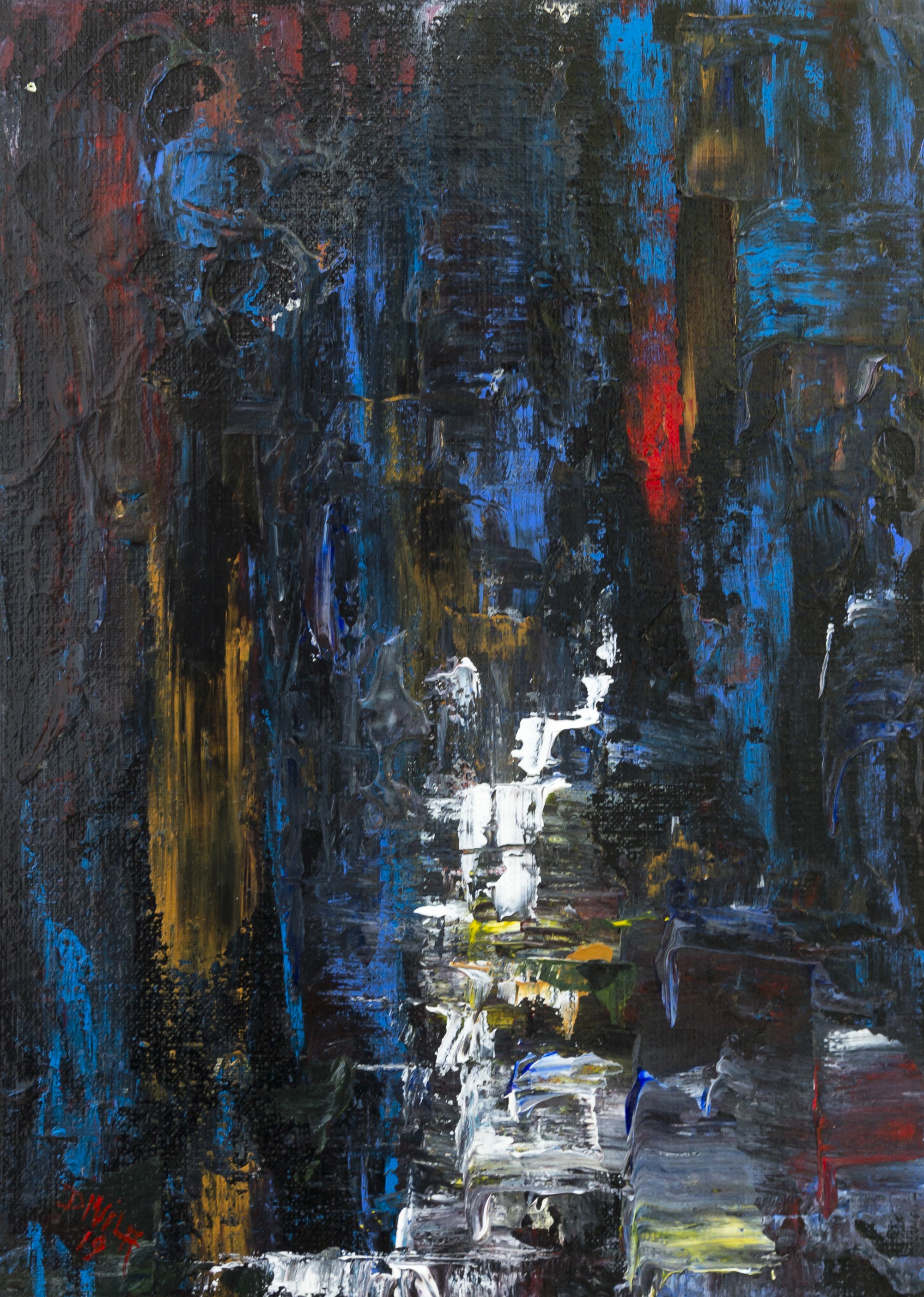 A painting of a cityscape with lots of different colors.