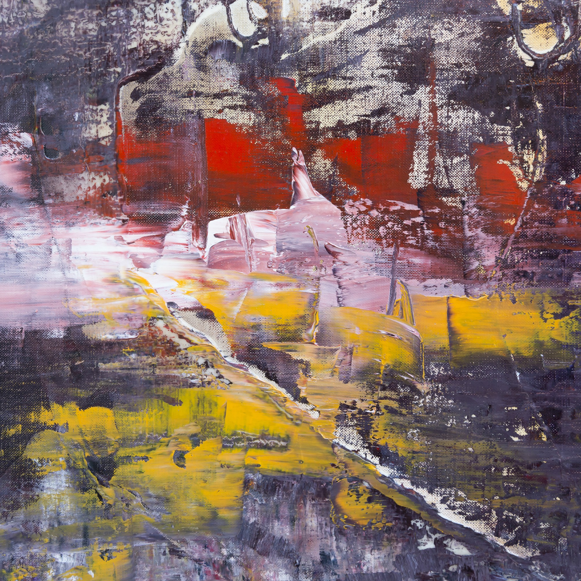 A painting of a red and yellow abstract painting on a black background.