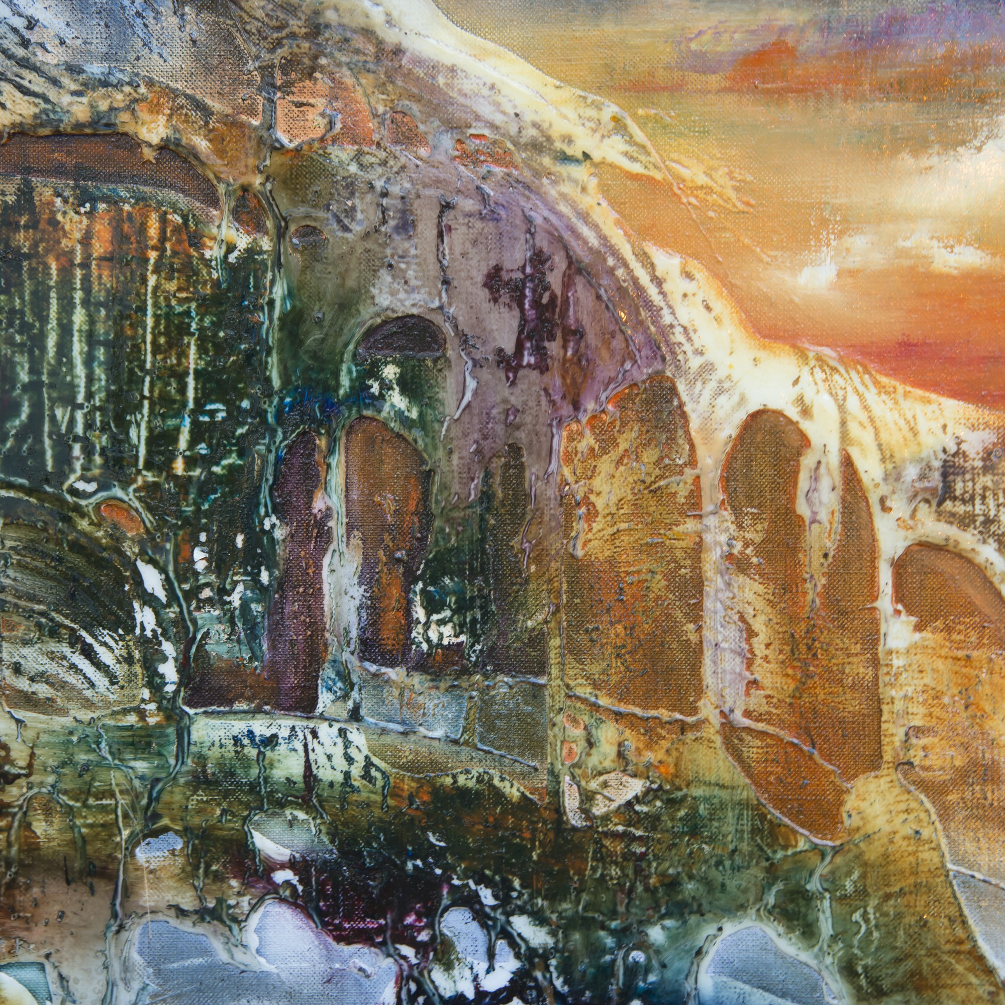 A painting of a landscape with a sunset in the background.