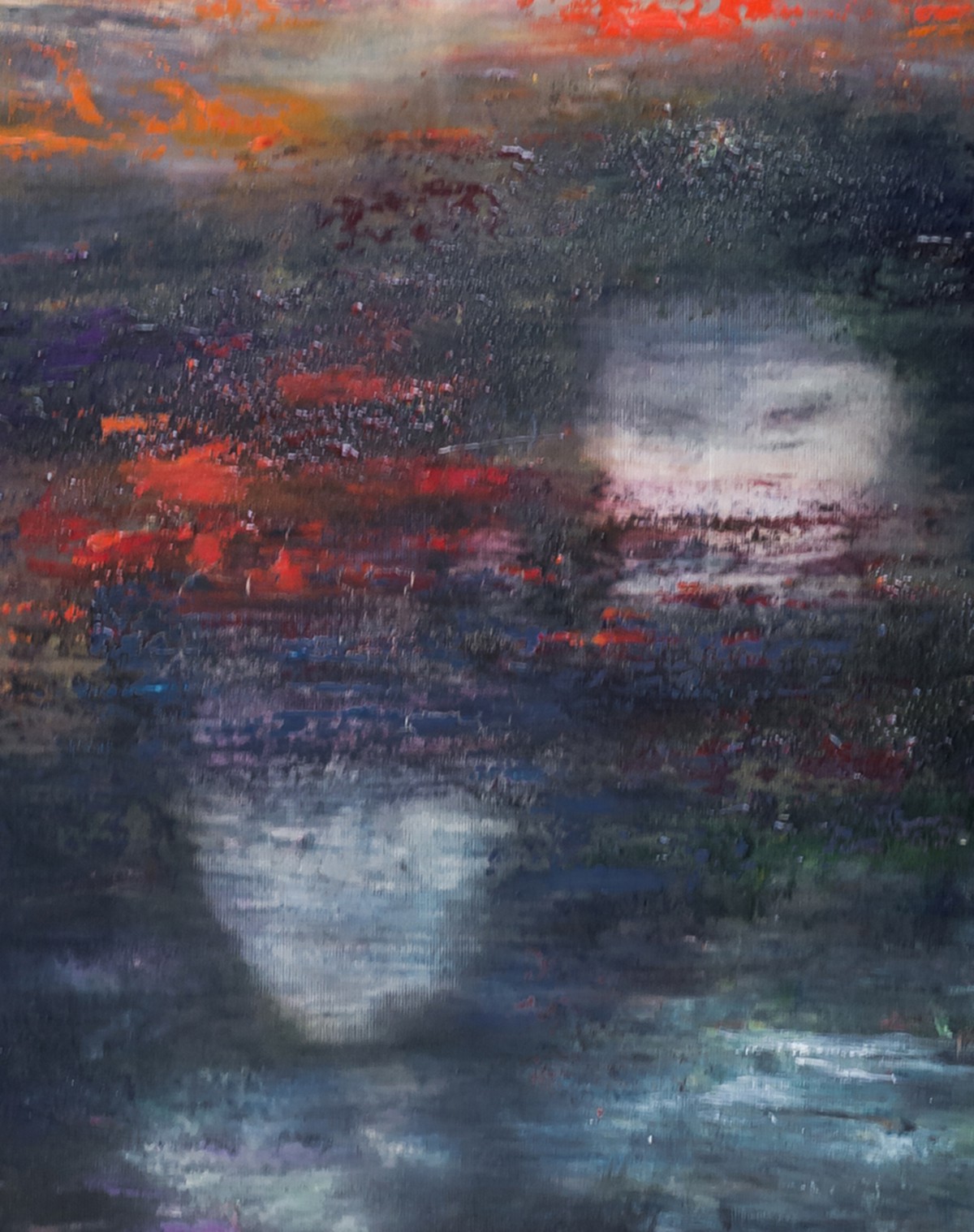 A painting of a sunset over a body of water.