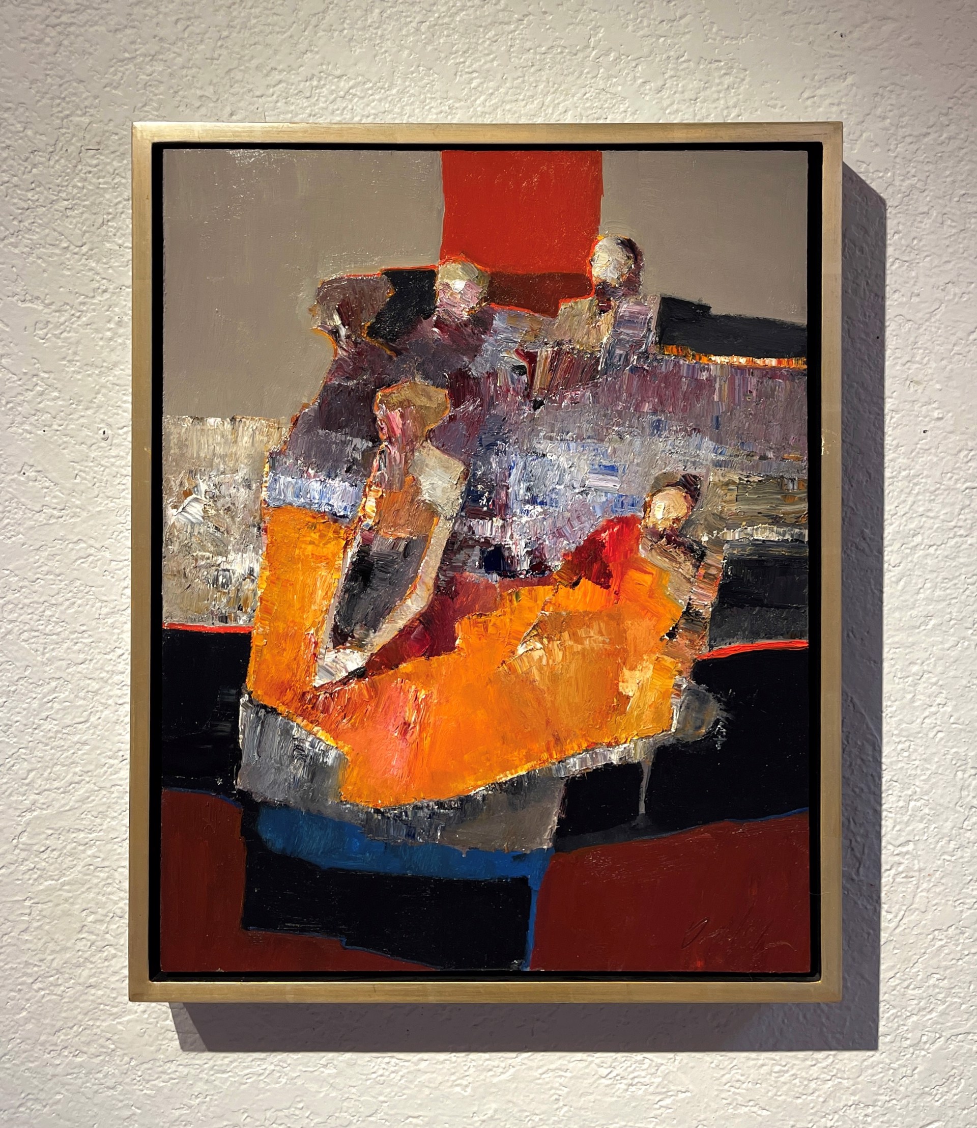 A painting of a group of people sitting on a couch.