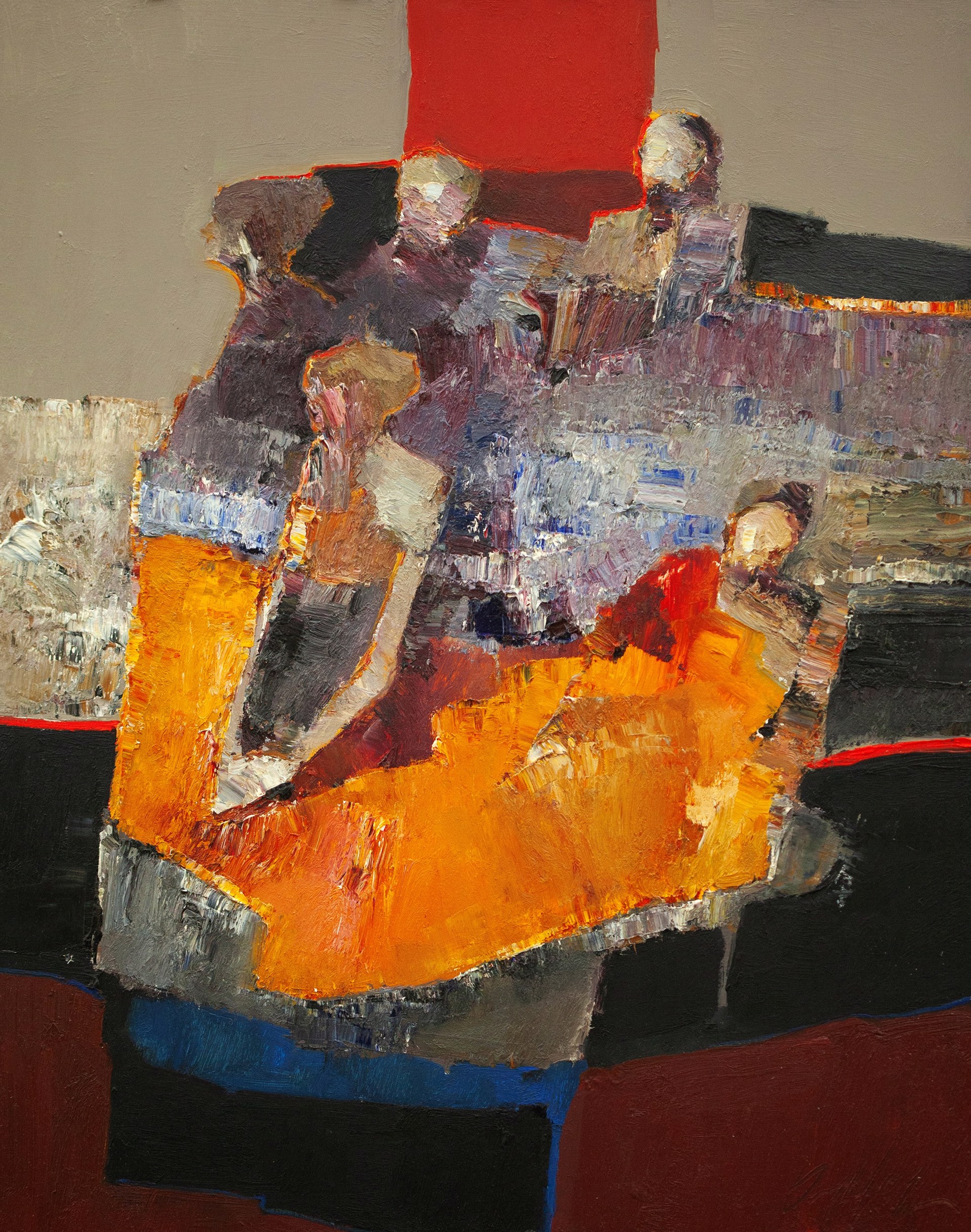 A painting of a group of people sitting on a couch.